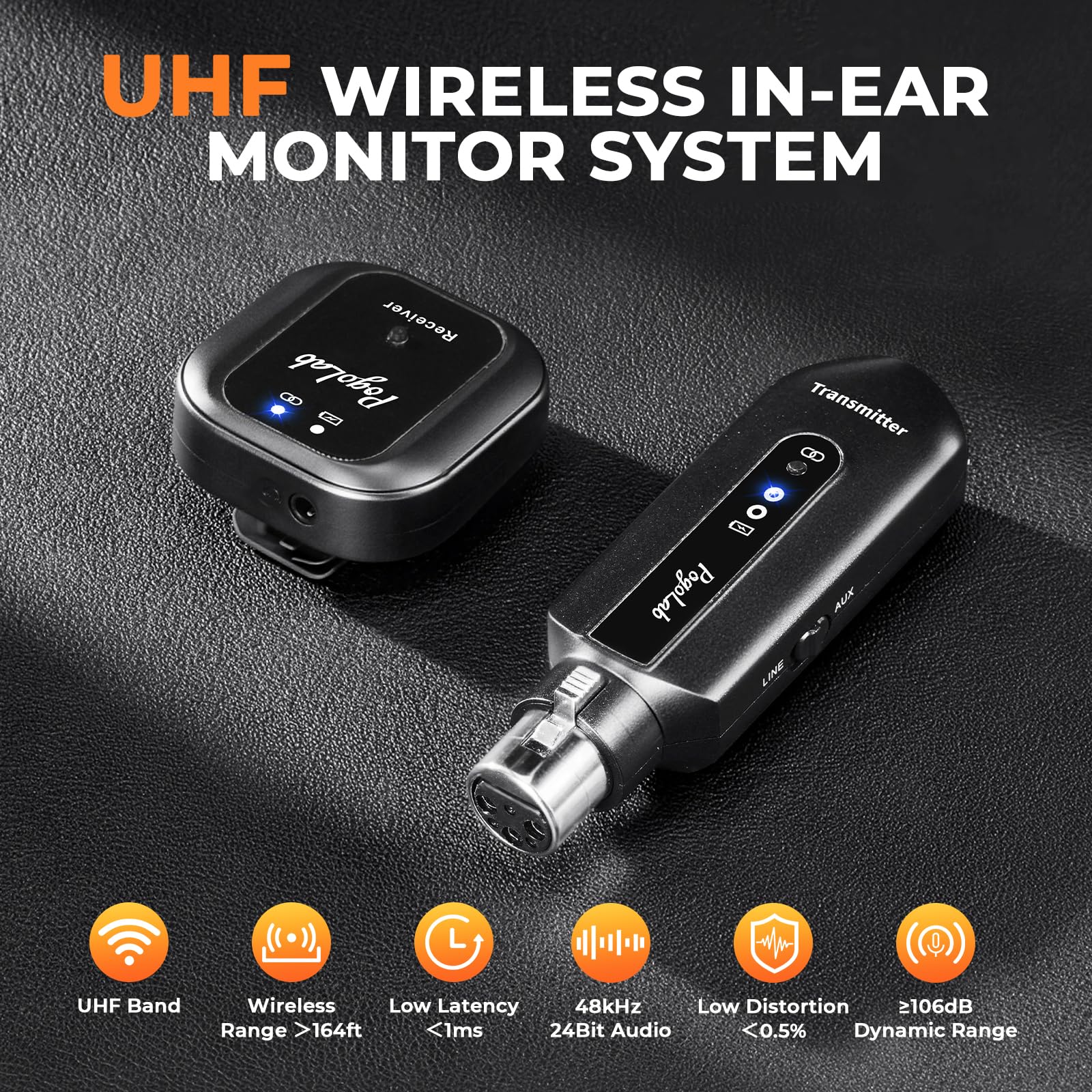 POGOLAB Système de moniteur intra-auriculaire UHF avec connecteur XLR, système de moniteur intra-auriculaire portable sans fil avec contrôle du volume et 2 modes d'entrée, idéal pour les répétitions