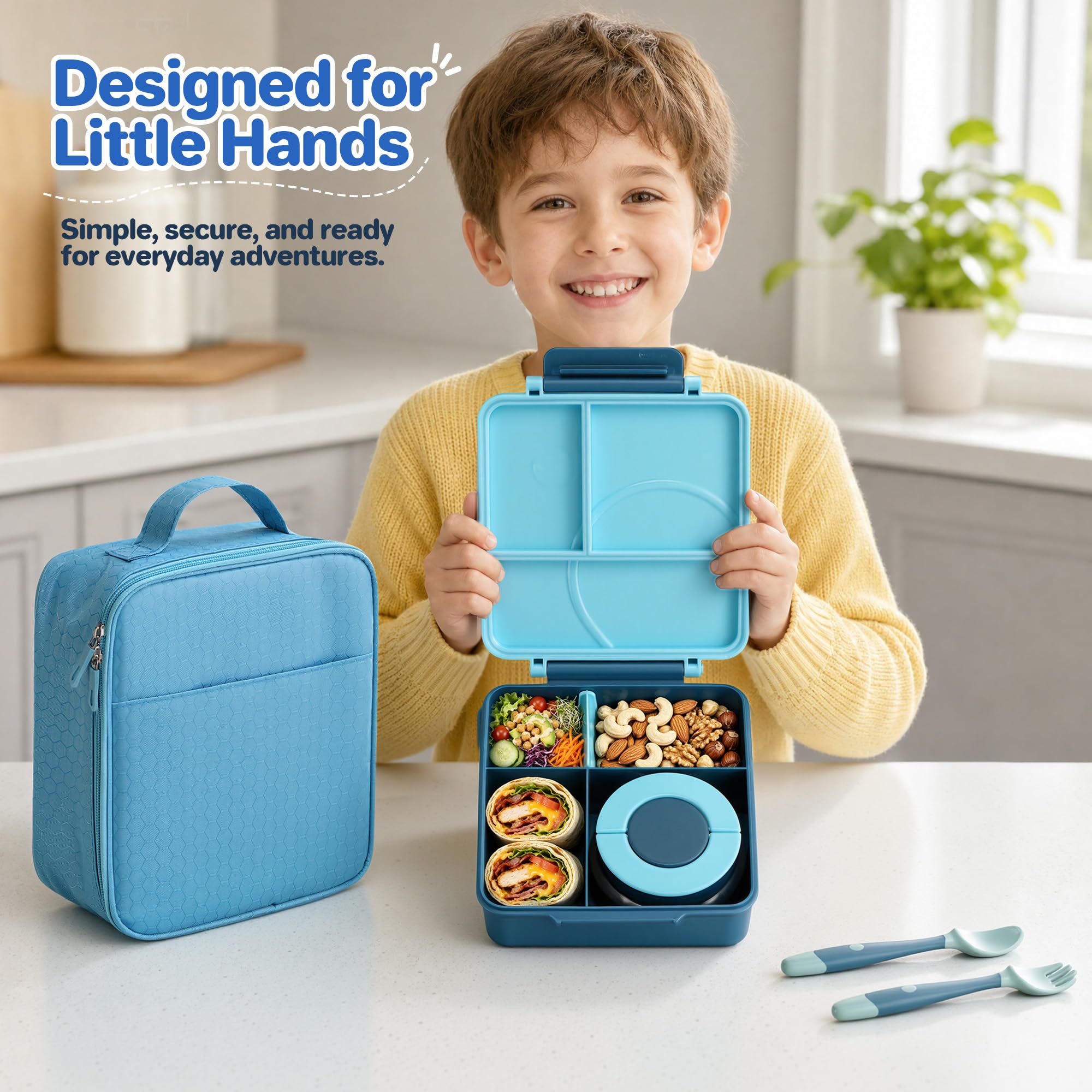 Howeemo Bento - Set di contenitori per il pranzo per bambini con thermos da 226,8 g, contenitori per il pranzo a prova di perdite con 4 scomparti, barattolo termico per alimenti caldi e borsa termica