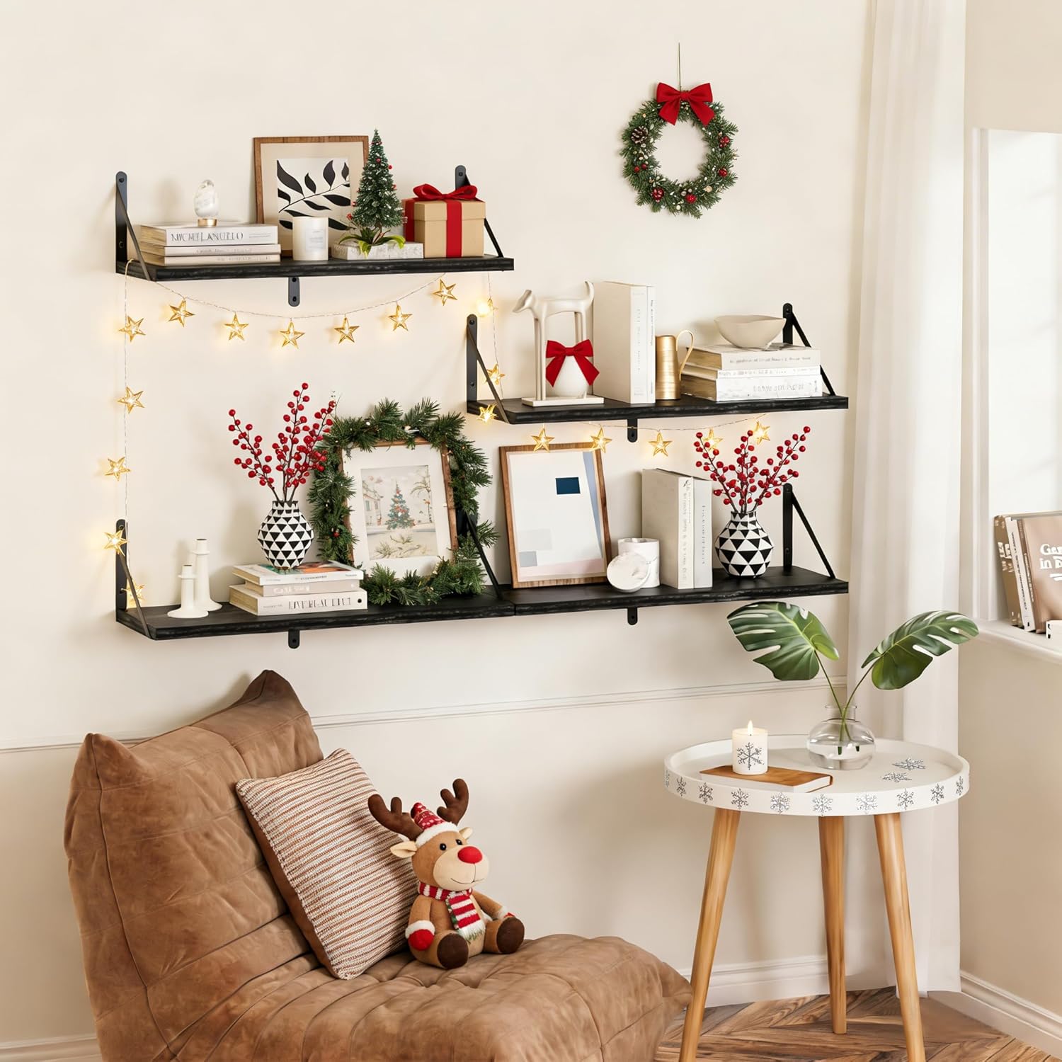 Heimlove Floating Shelves for Wall, 36 Inch Long Wood Floating Bookshelf Set of 3, Wall Mounted Hanging Shelf for Bathroom Bedroom Kitchen, Black