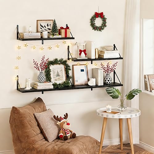 Miniatura 8 de Heimlove Estantes flotantes negros profundos para pared, estantes de pared de madera de 16 pulgadas de ancho x 8 pulgadas de profundidad, estantería