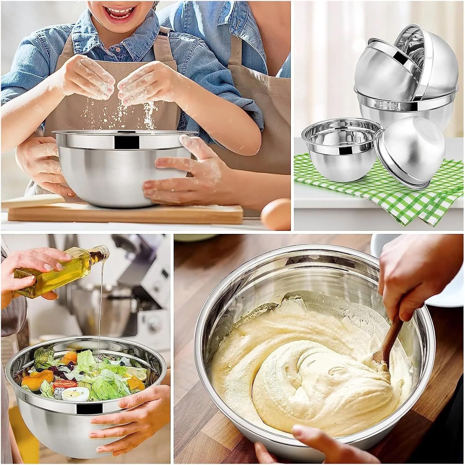 Mixing Bowl Set of 5, Stainless Steel Nesting Bowl with Airtight Lids, Metal Salad Bowls, Compatible for Baking Serving