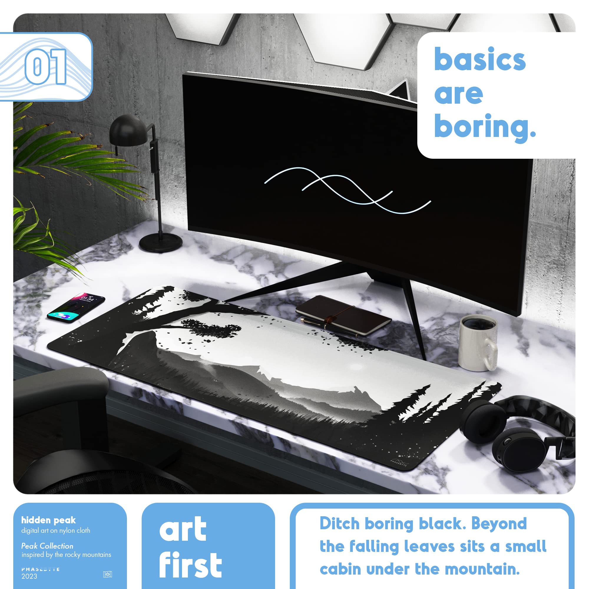 PhaseByte Hidden Peak Extended Gaming Mouse Pad Large - Non-Slip Gaming Mouse Mat with Stitched Edges, Smooth Micro-Fiber Computer Desk Mat, Hand Washable Gaming Mousepad, 35.4