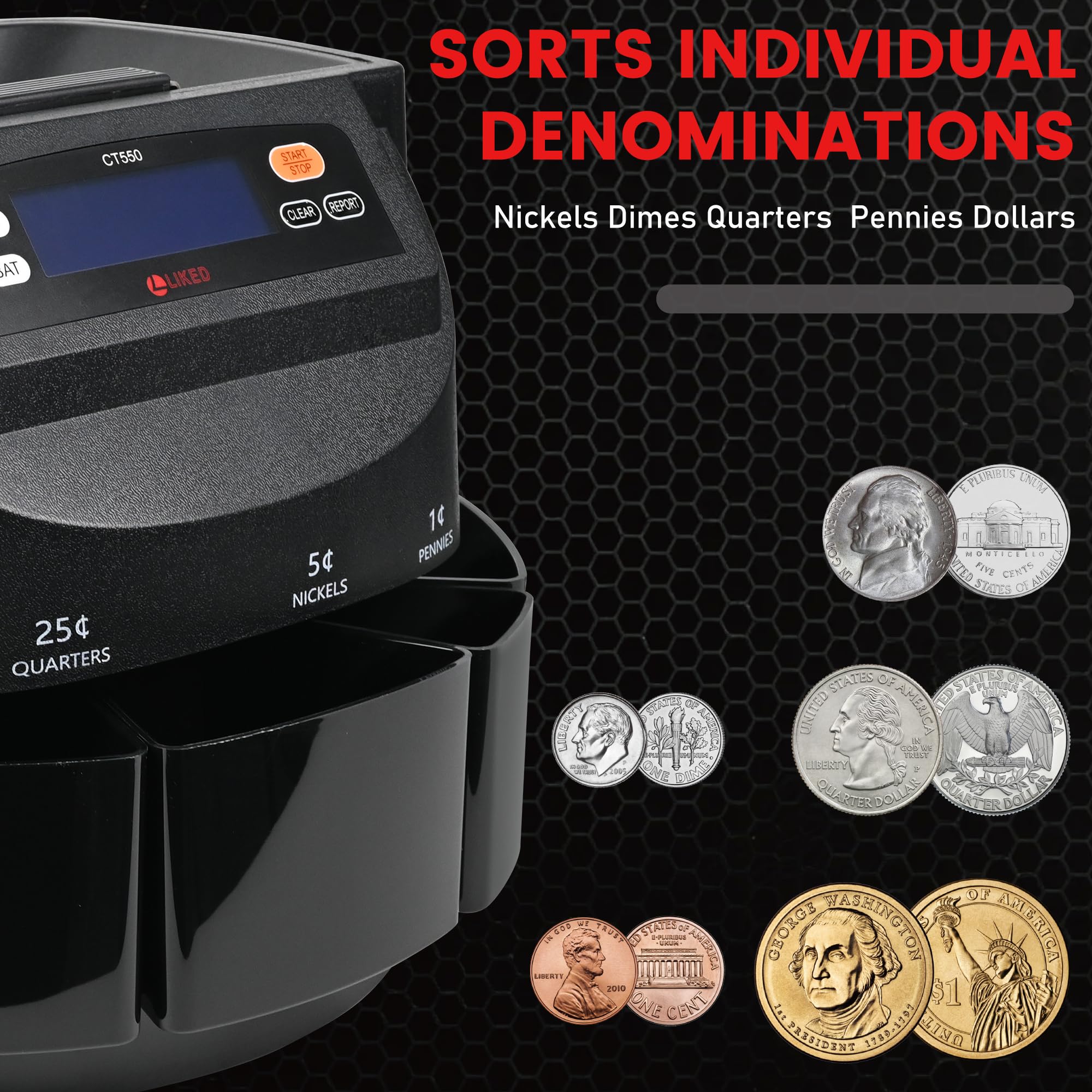 L LIKED CT550 USD - Clasificador de monedas, contador y máquina envolvente, clasificación precisa para níquel, centavos, cuartos, centavos, dólares, viene con 50 envoltorios realizados, 270 monedas