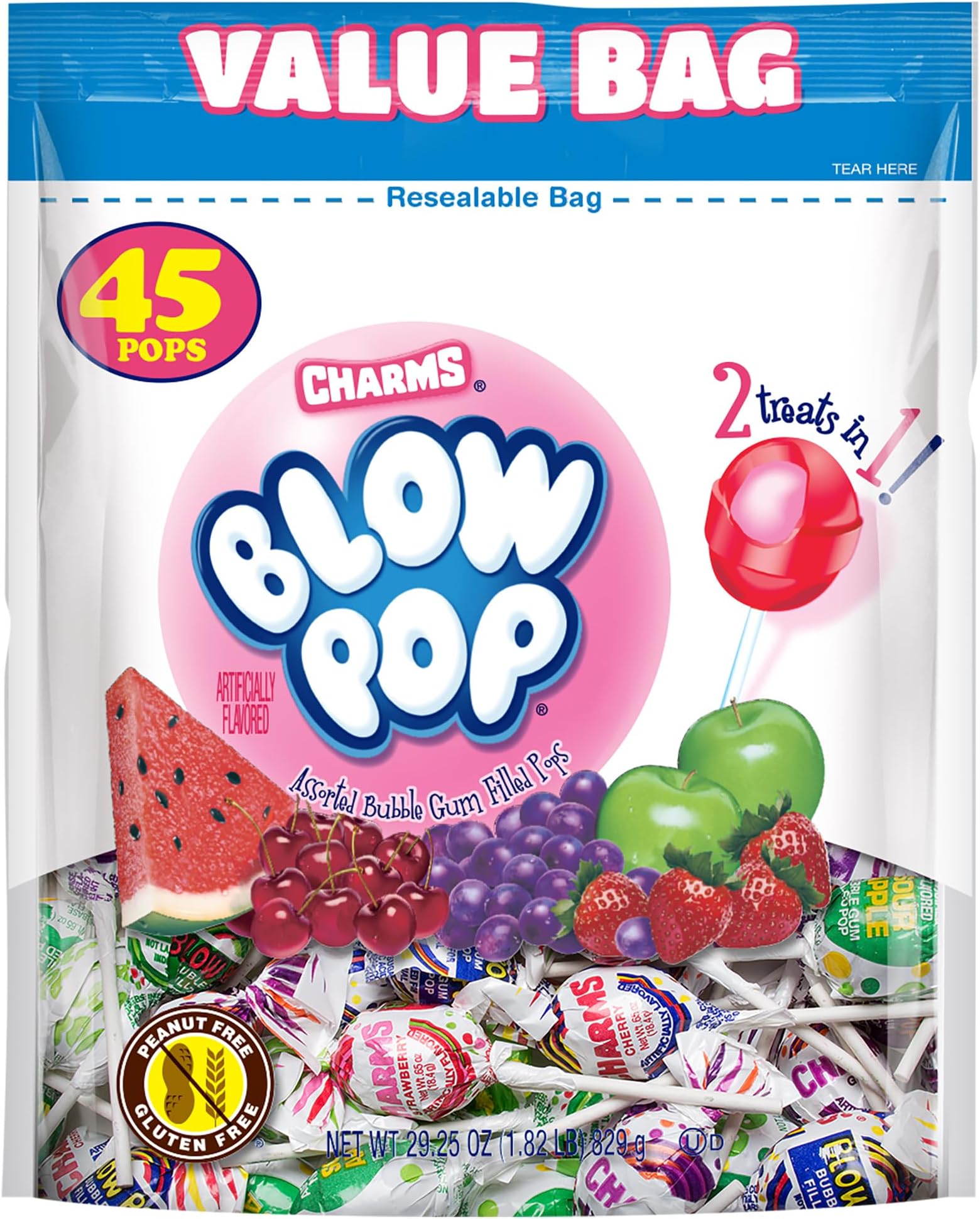 Charms Blow Pop Lollipops - Individually Wrapped Dual Candy and Gum Suckers - Peanut Free, Gluten Free - Bulk Treat for Kids and Adults - Assorted Flavors, 45 Count (29.25 oz.)