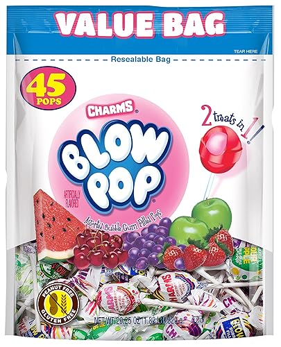 Charms Blow Pop Lollipops - Individually Wrapped Dual Candy and Gum Suckers - Peanut Free, Gluten Free - Bulk Treat for Kids and Adults - Assorted Flavors, 45 Count (29.25 oz.) - Assorted Flavors - 45 Count (Pack of 1)