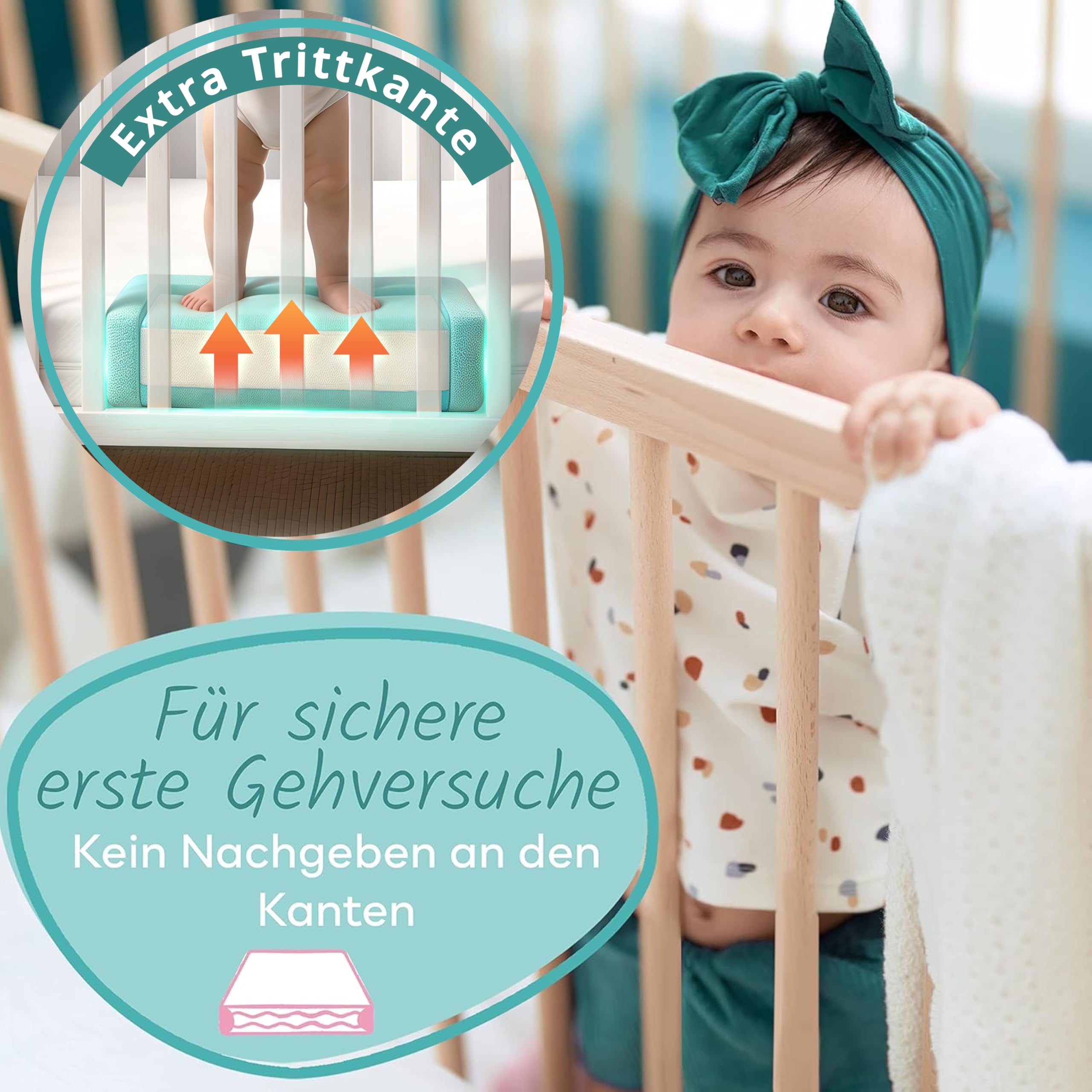 Sun Garden Babymatratze, Kindermatratze 70x140 cm mit Trittkante + Matratzenschoner, Oeko Tex 100 Zertifiziert, Baby Matratze für Babybett, Kinderbett oder Reisebett, Bezug bis 60°C Grad waschbar