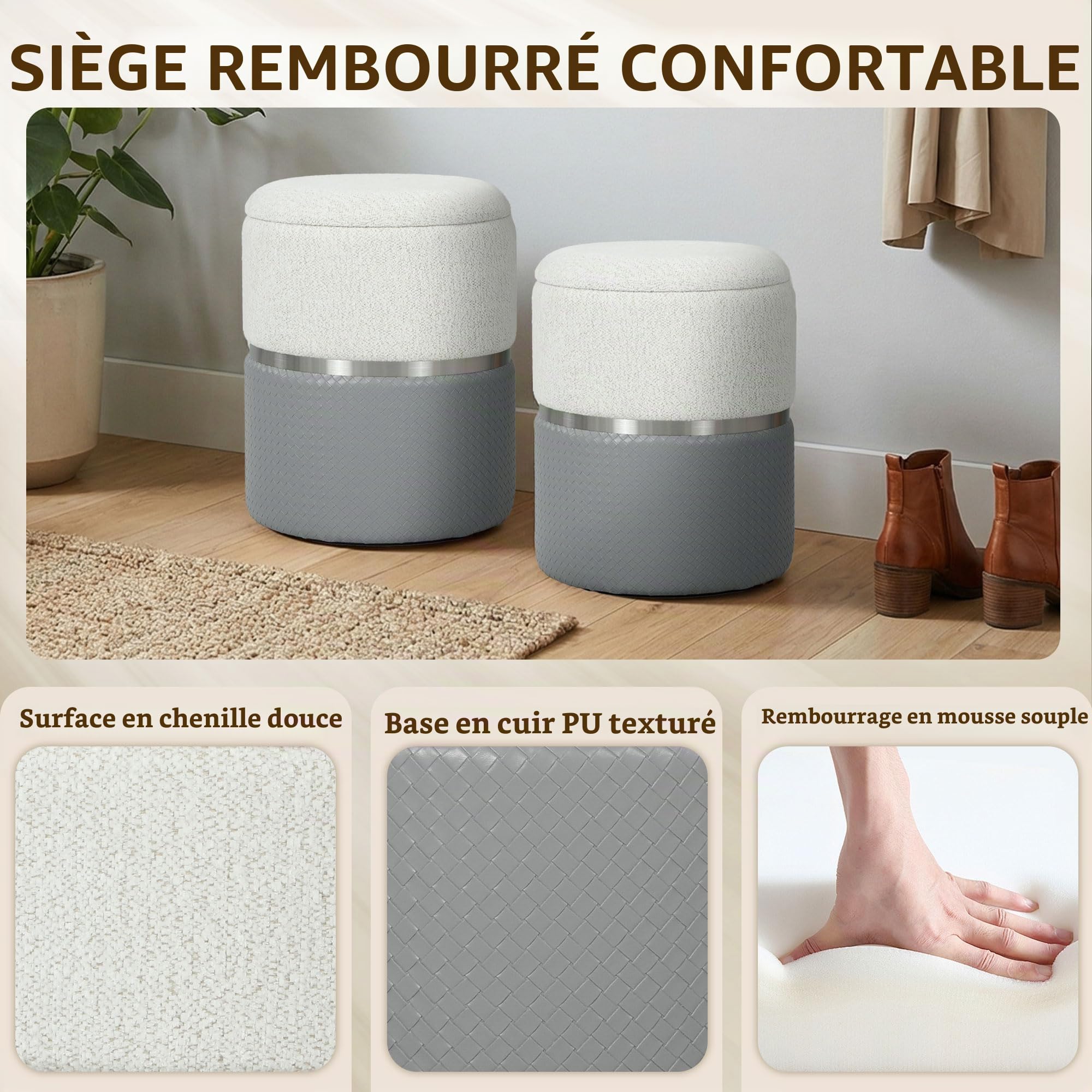 HOMCOM Lot de 2 poufs de Rangement, Gris et crème