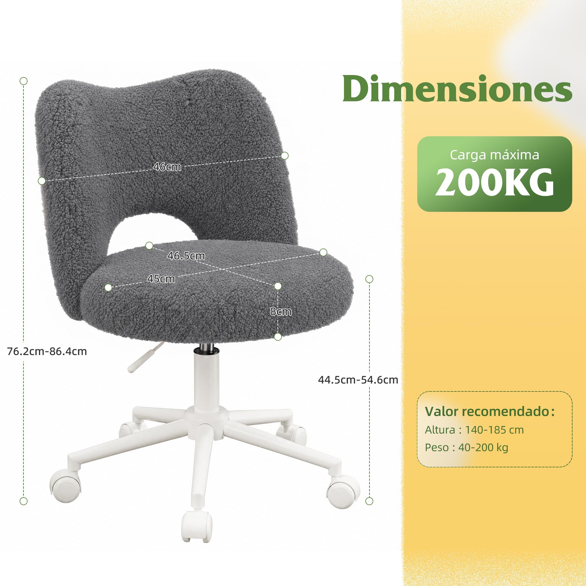 Silla de Escritorio con Ruedas, Silla de tocador de Peluche Transpirable, Altura Regulable, soporta hasta 200kg, Adecuada para Oficina, habitación y Estudio, Familiar, Gris