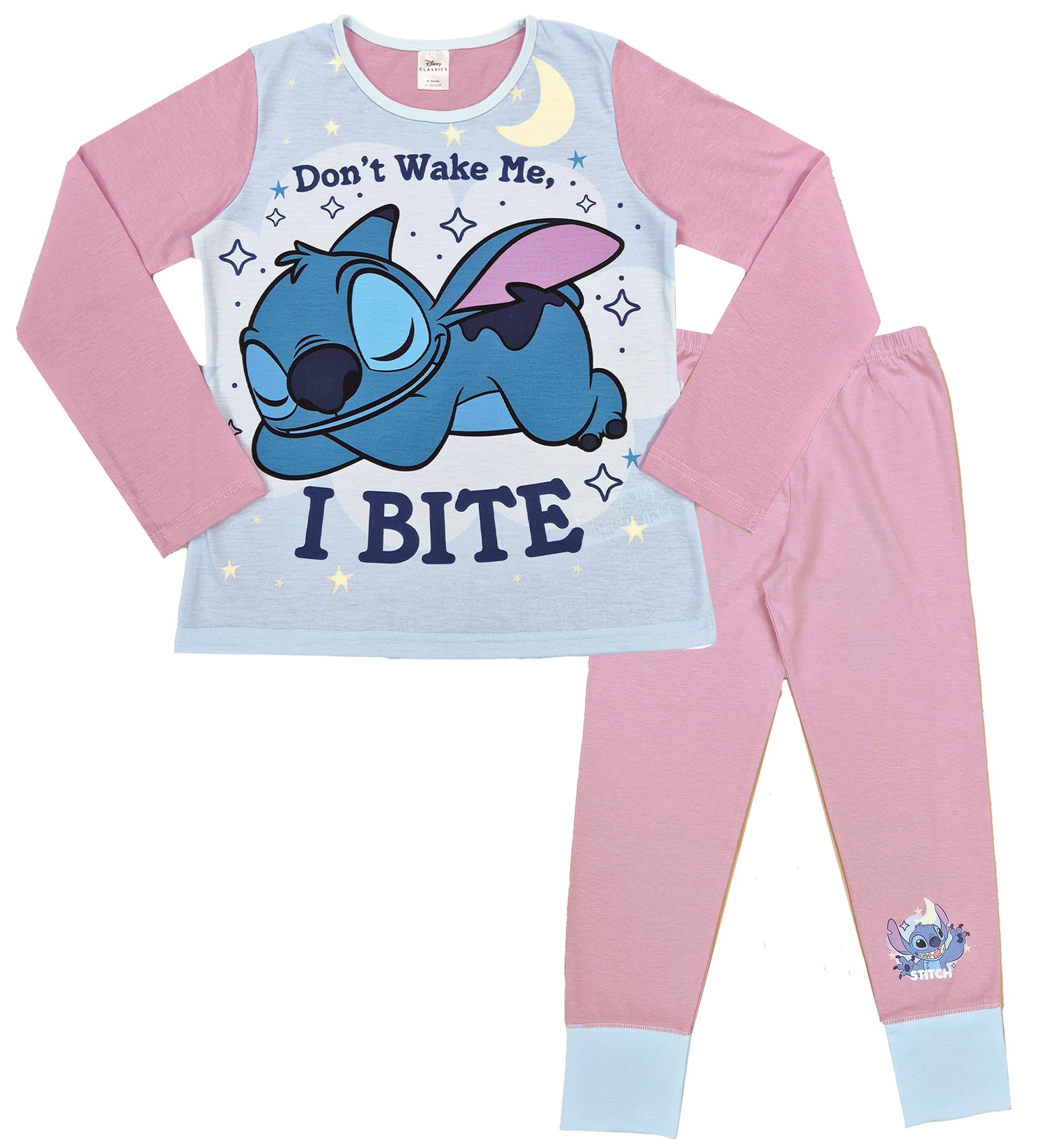 Disney Lilo & Stitch, Girls 2 Piece Pyjamas Set Featuring Stitch Don't Wake Me, I Bite, Pi...