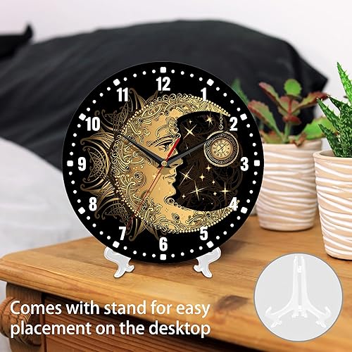 Miniatura 3 de SPUNKER Reloj para dormitorio, reloj de pared bohemio con luna y sol, funciona con pilas, de 10 pulgadas, reloj redondo con mandala dorado,