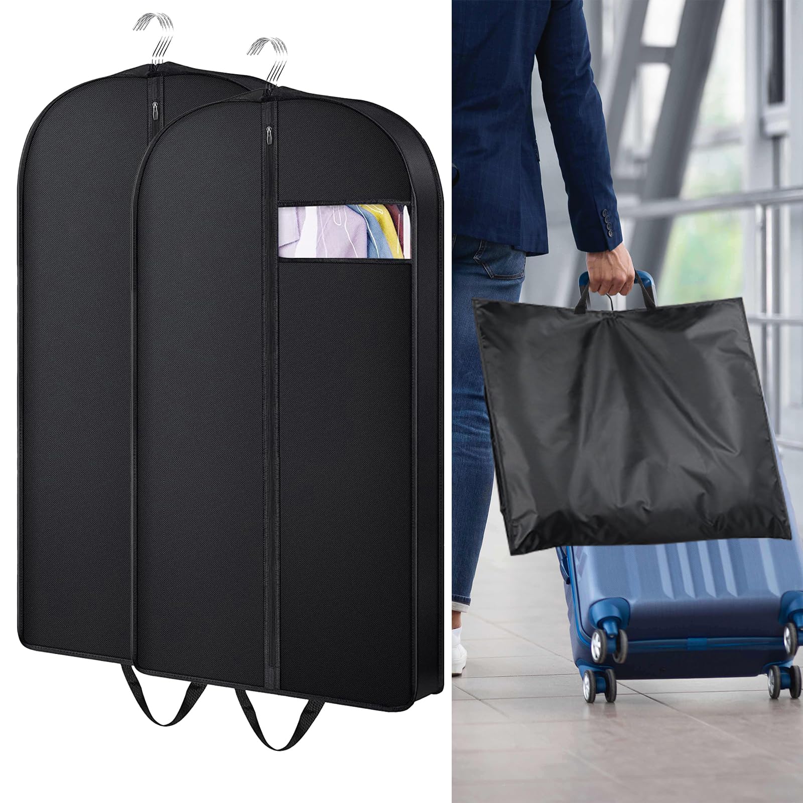 GROOFOO Kleidersack Schwarz,kleidersäcke mit reißverschluss,Staubdicht Anzugtasche mit Klarem Fenster,Kleidersack Reisetasche,Faltbaren Kleiderhülle,für Sakkos Anzug Abendkleider (102x60cm*2)