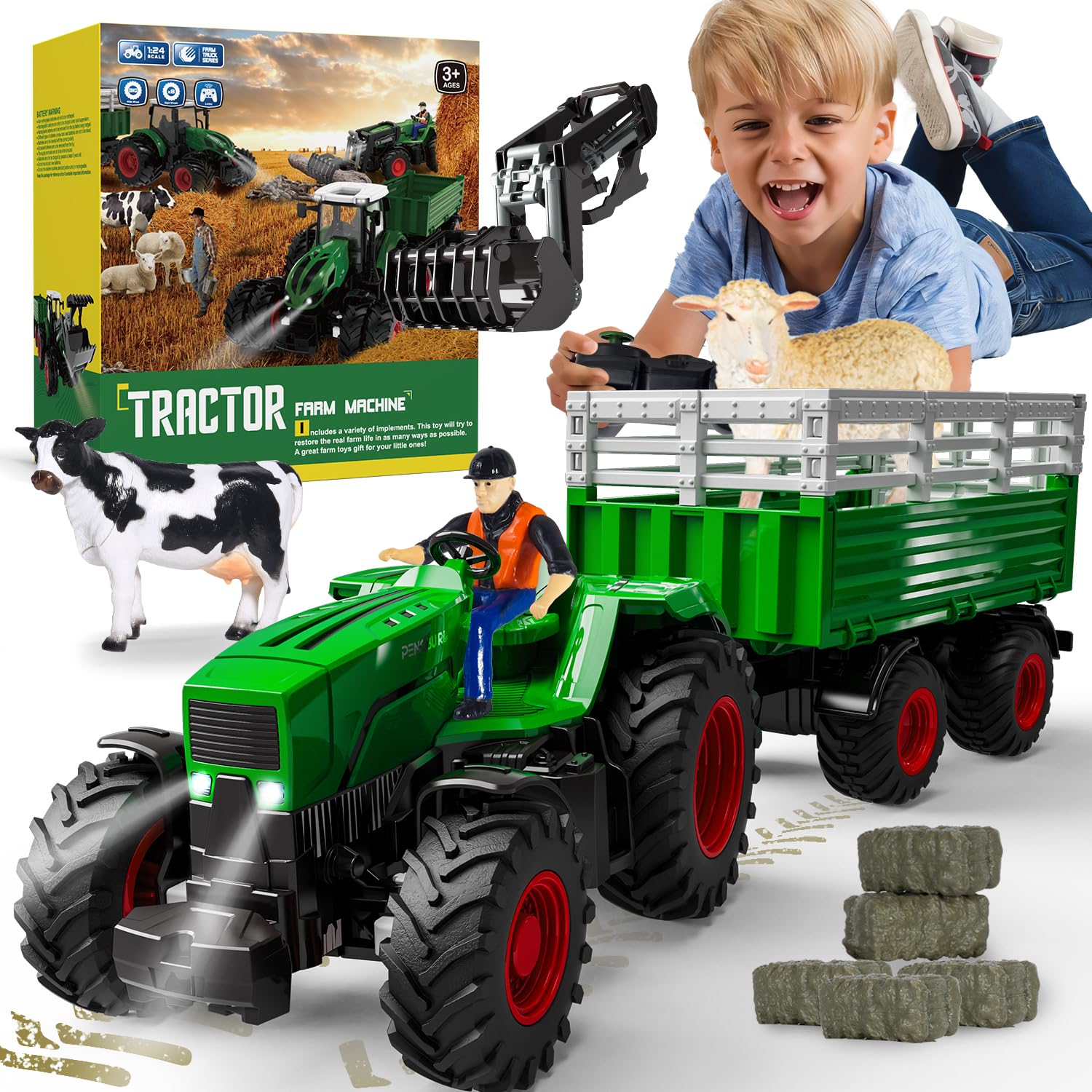 Remote Control Tractor Toys, RC Tractor Toys for Kids 3-5 & 5-7, Farm Animal Toys Set with Front Loader and Light, Farm Vehicle Toy Tractor Toy, Tractors for Kids Ages 4-8 Boys Girls