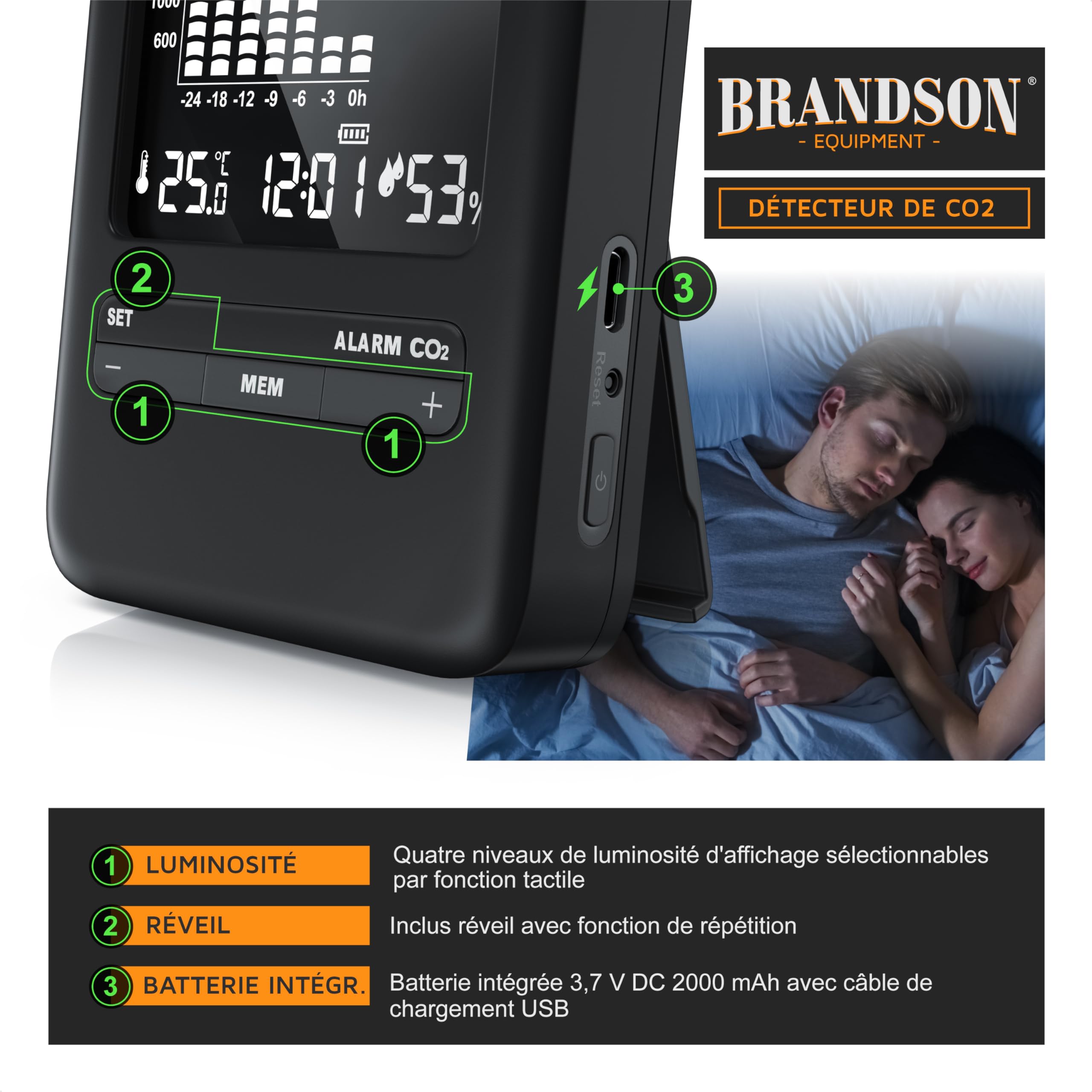 Brandson Moniteur de qualité de l'Air 5 en 1, Détecteur de CO2, Moniteur de Dioxyde de Carbone Température Humidité, Batterie Rechargeable 2000 mAh USB-C pour Maison Bureau Salle de Sport Voiture