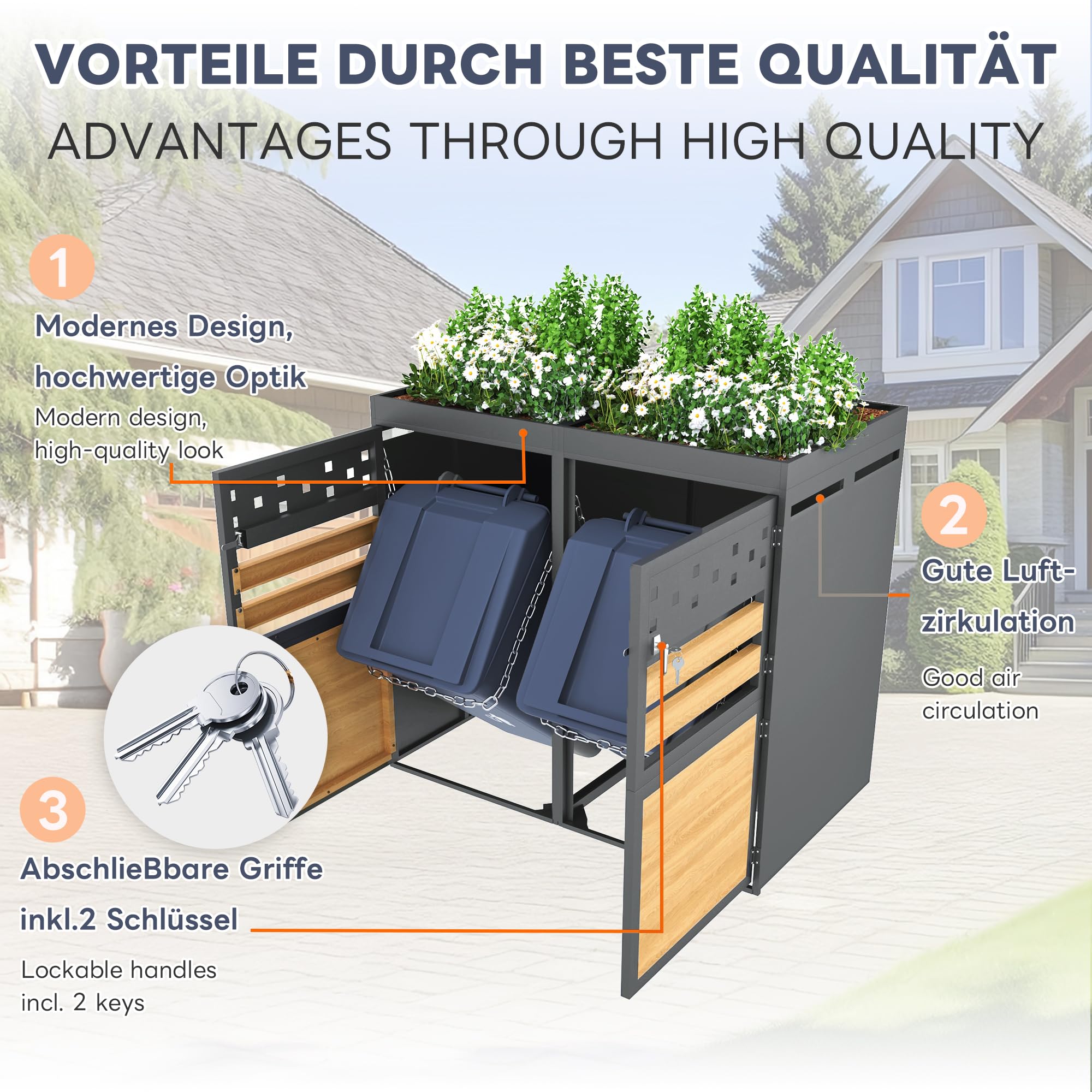 Mülltonnenbox 4-er mit Pflanzdach 120-240 Liter, Mülltonnenverkleidung für Mülltonnen Müllbox, Gartenbox mit Mülltrennsystem, Abschließbar, Pflanzfläche, Holzoptik Türen, Grau