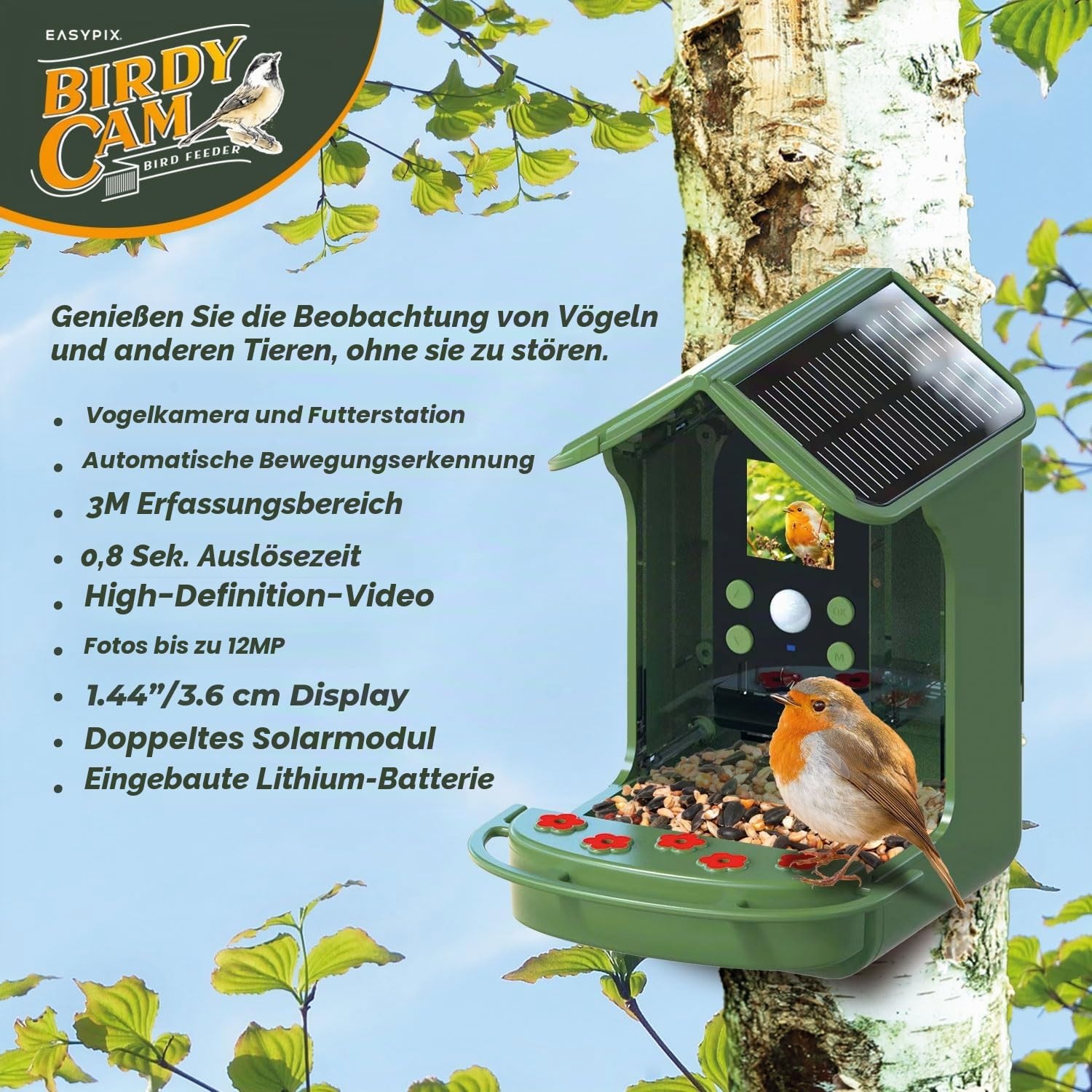BirdyCam Futterhaus mit Kamera, Solarenergie, Automatische HD-Video- und Fotoaufnahmen von Vögeln, Futterspender für Garten