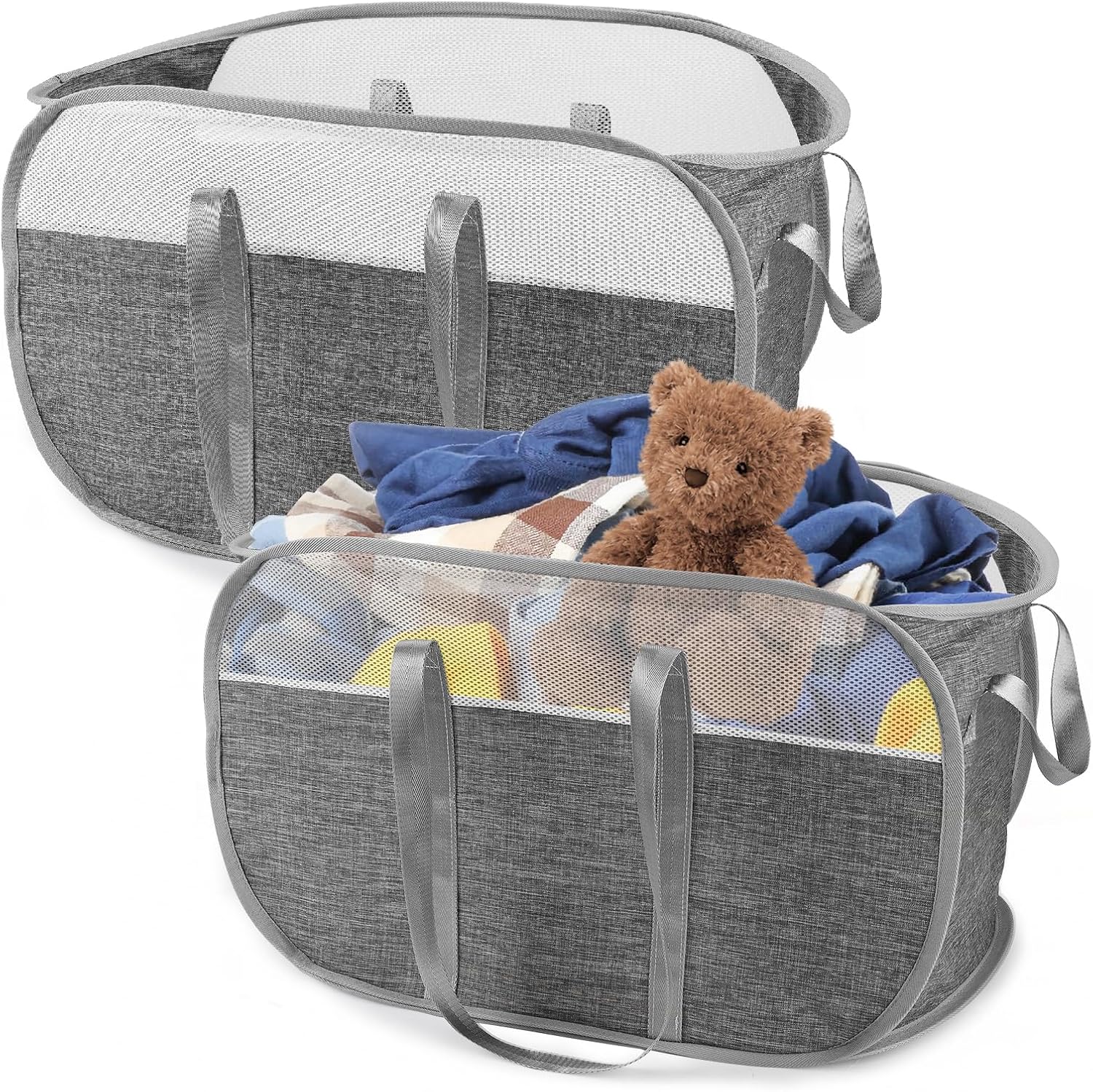Pop Up Laundry Basket, 75L 2 Pack Collapsible Laundry Basket Mesh