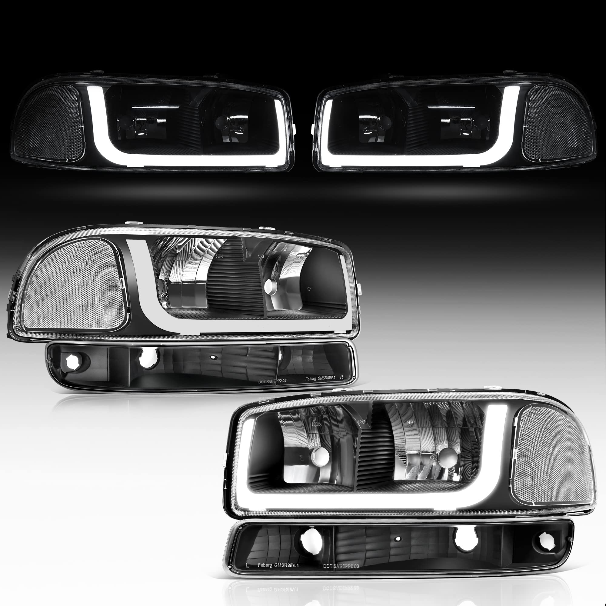 Photo 1 of oEdRo LED DRL Headlight Assembly Compatible with 1999 2000 2001 2002 2003 2004 2005 2006 GMC Sierra 1500 2500 3500/00-06 GMC Yukon Headlamp with Clear Lens Black Housing Clear Reflector LED - Black/Clear/Clear