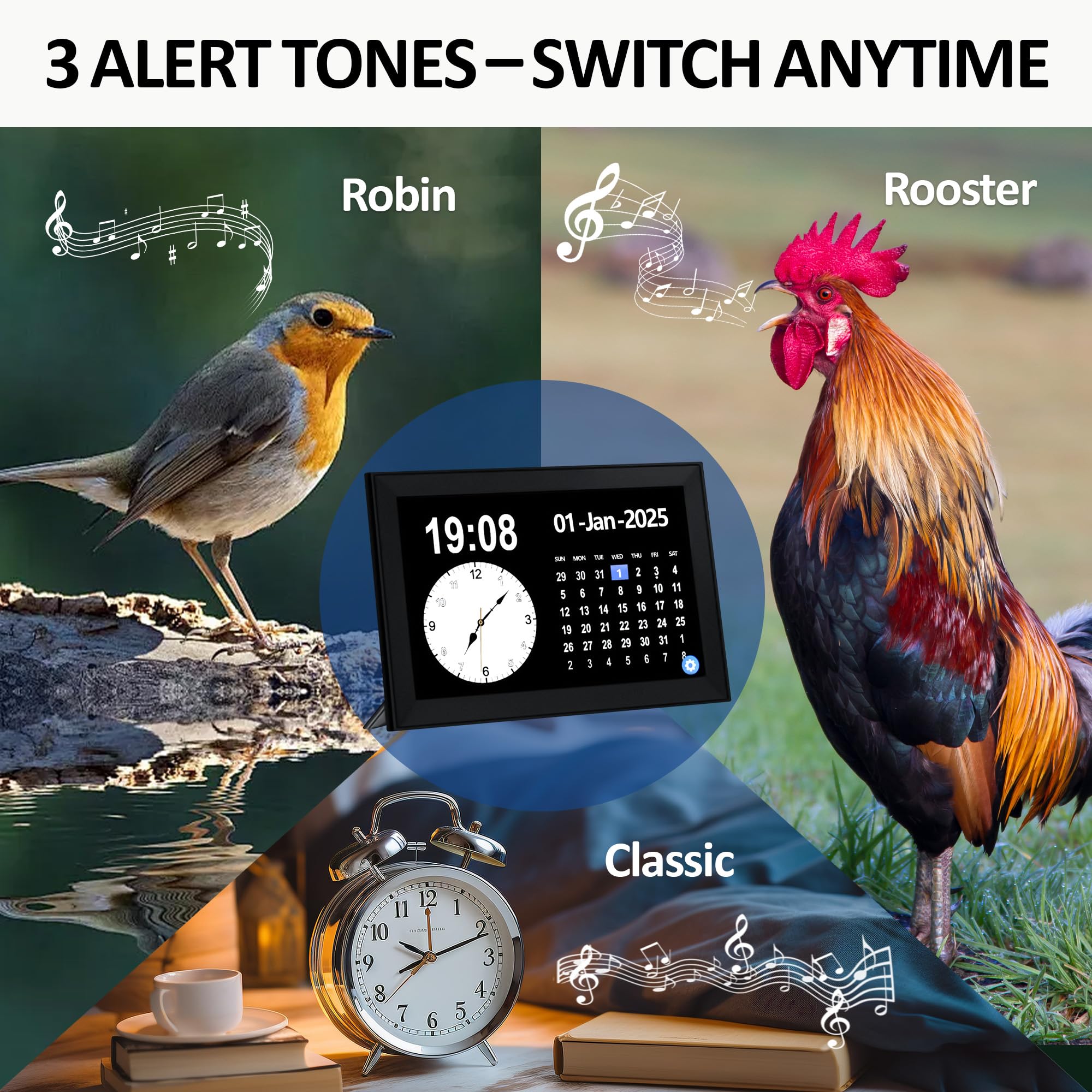 Reloj despertador digital con pantalla táctil de 10.1 pulgadas, relojes de demencia para personas mayores, reloj de pantalla extra grande con día y fecha para ancianos, 40 recordatorios, 64