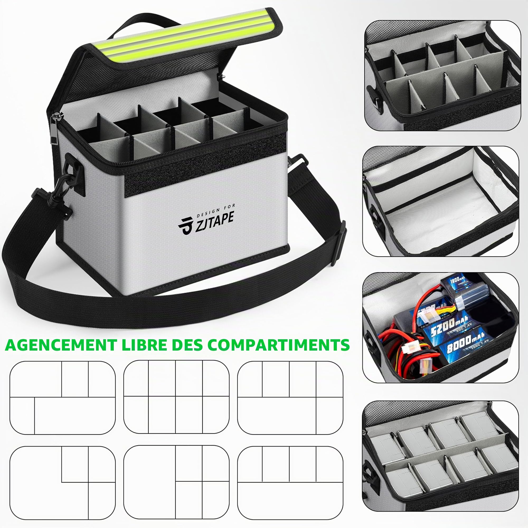 ZJTAPE Lipo Safe Bag Ignifuge, Grand Espace Boîte de Rangement Lipo – Coffre-Fort, Sac de Batterie Réglable pour Le Chargement et Le Stockage