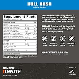 MTN OPS Ignite Energy Drink Powder, Gluten Free Nootropic Supplement Drink Mix, L Arginine, L Citrulline, Caffeine & Nootropic Sugar Free Drink Mix, 45 Servings, Bull Rush