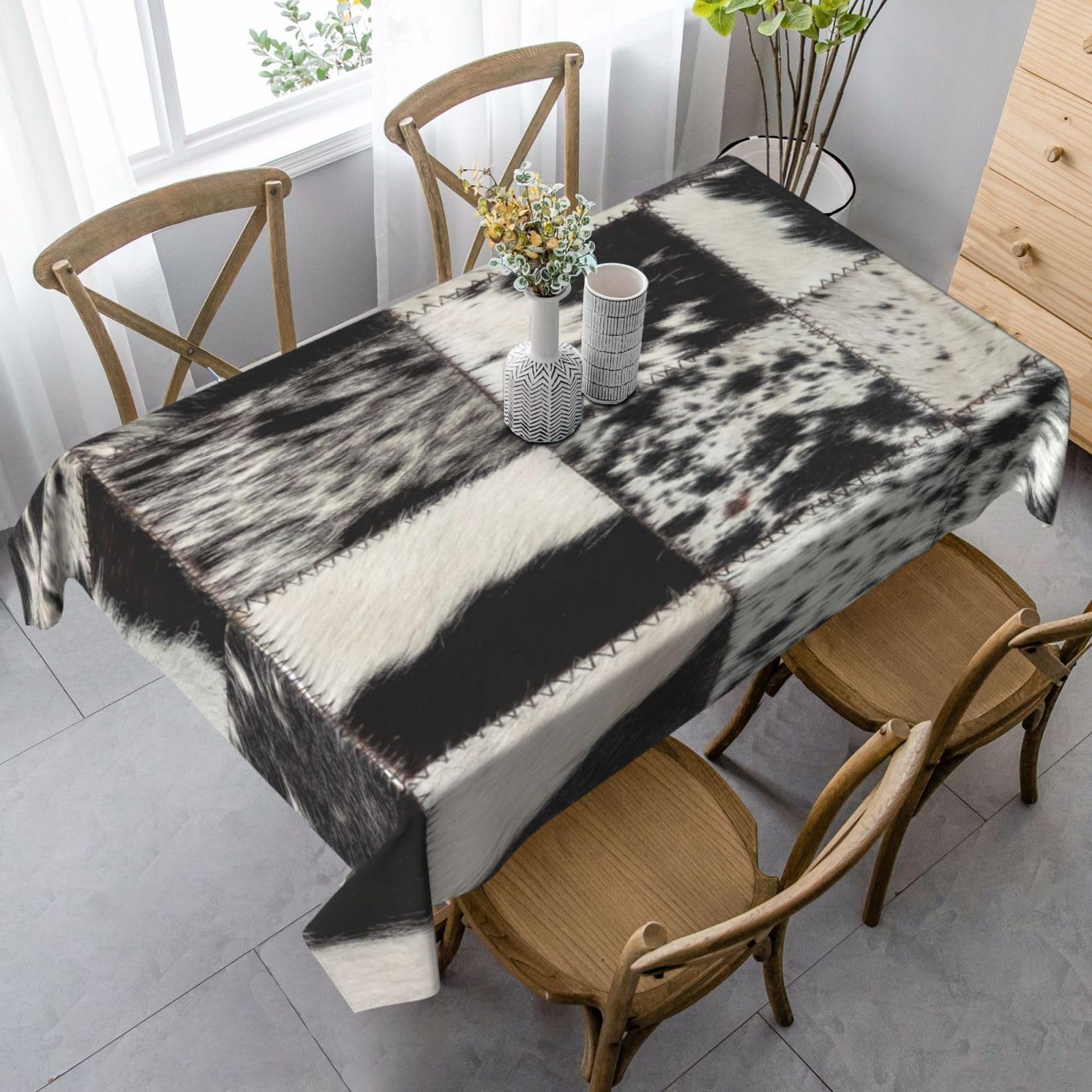 Cowhide Fur Patchwork Tablecloth,Western Ranch Black and White Cow Print Vintage Living Room Kitchen Table Decor 60"x90"
