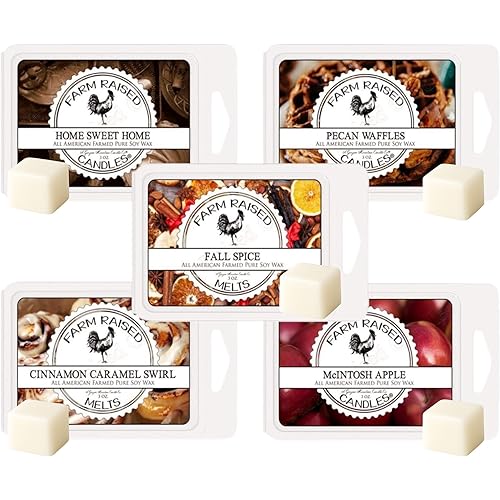 Farm Raised Candles – Fall Wax Melts Variety 1 LB Bundle (5 Packs, 16 oz) – Hand-Poured Soy Wax Cubes – Apple, Cinnamon, Pumpkin, Pecan Waffles – Fresh from The Farm Soy Wax Melts