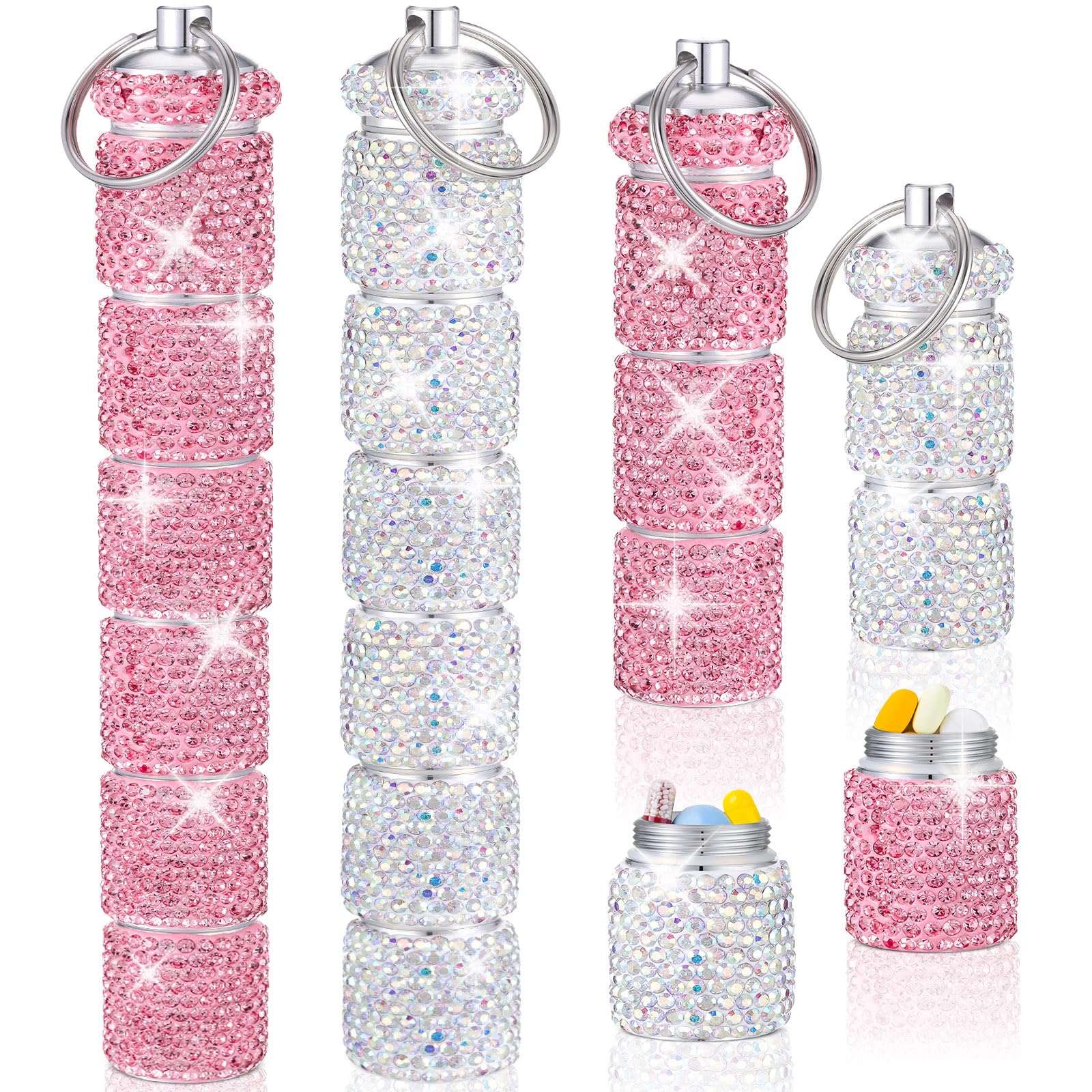 Tanlade 2 Pcs Bling Pill Case with Keychain Pill Container Rhinestone Stackable Portable Pill Box, Glitter Pill Bottle Waterproof Travel Pill Holder for Fish Oil Supplemen(Pink, AB Color)