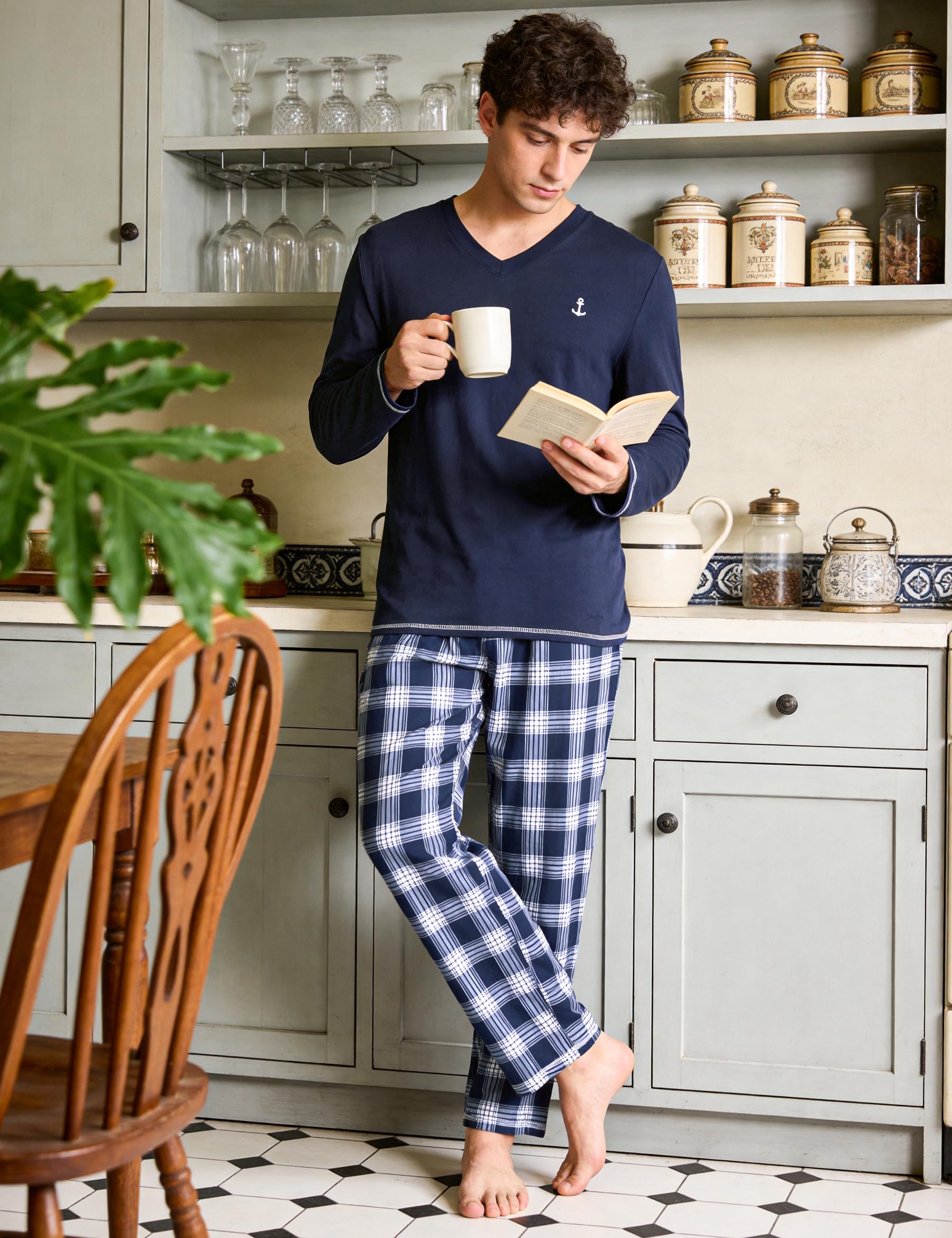 Marvmys Pijamas Hombre Invierno Largo Conjunto Algodón Cuello en V Manga Larga Tops Pijama Pantalones con Bolsillo