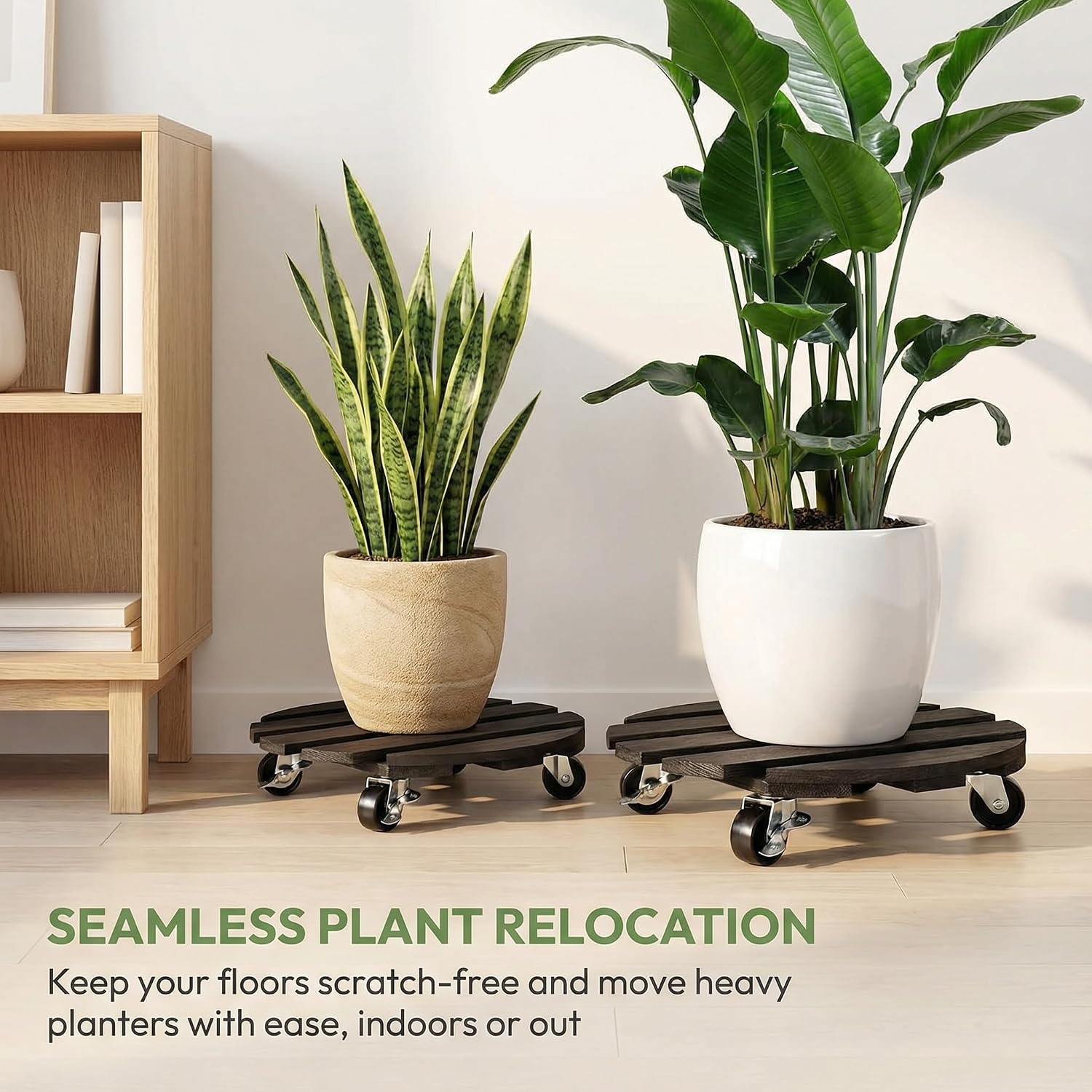ZXZYHFTY Round Wooden Plant Stand with Wheels, 2 Packs Rolling Plant Stand with 360°Lockable Wheels for Vertical Garden Towers, Vertical Planting Tanks, Plant Pots, Wastebaskets (Black, 12")