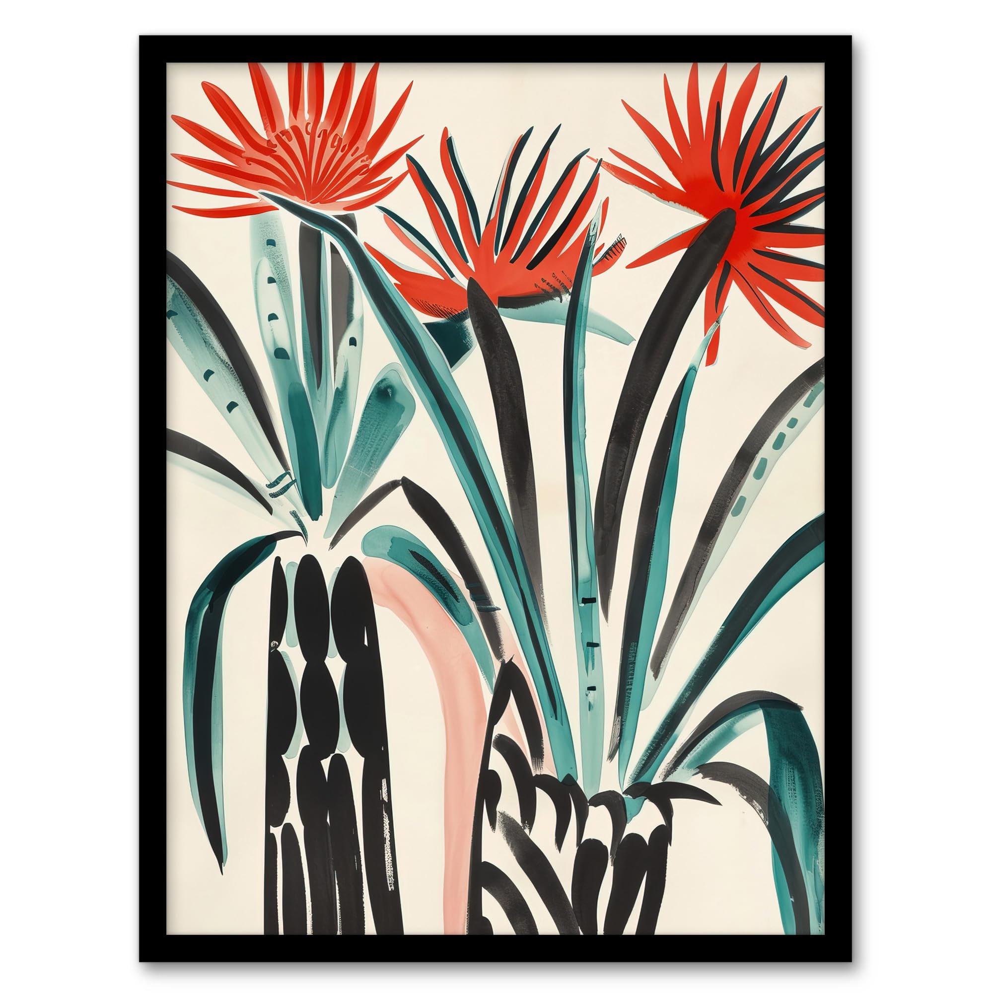 Artery8 Abstract Red Dahlia Flowers in Vases Painting Living Room Artwork Framed Wall Art Print A4