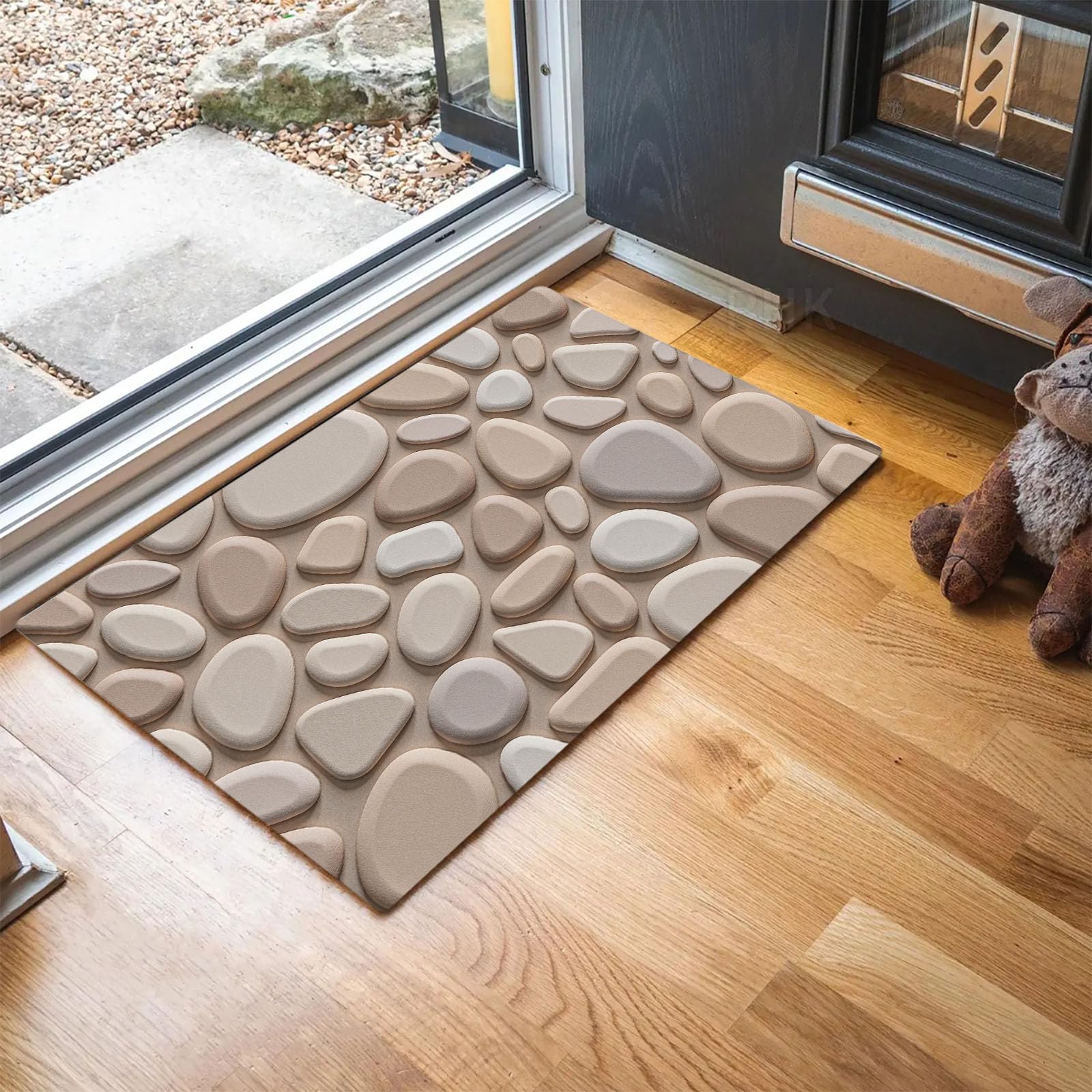 Schmutzfangmatte Innen, Moderne Steinmauer Waschbarer Fußmatte Kieselsteine Und Felsen Teppiche rutschfest Eingangstürmatte Absorbierend für Flur, Garten, Küche, 90x150 cm, Beige