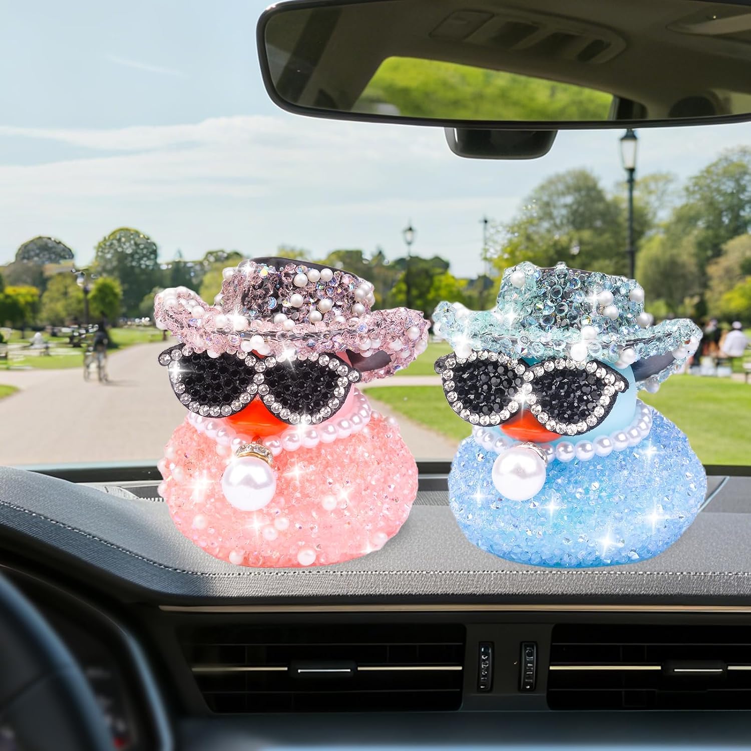 Rhinestones Rubber Duck Car Ornaments, Shiny Pink Ducks Car Dashboard Decorations with Mini Cowboy Hat Necklace Sunglasses image 3