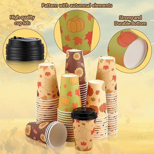 Miniatura 3 de Zopeal 100 Pieces Thanksgiving 12 oz Disposable Coffee Cups with Lids Paper Hot Cup 4 Fall Design Patterns Cute Cups for Hot Tea Beverage Water