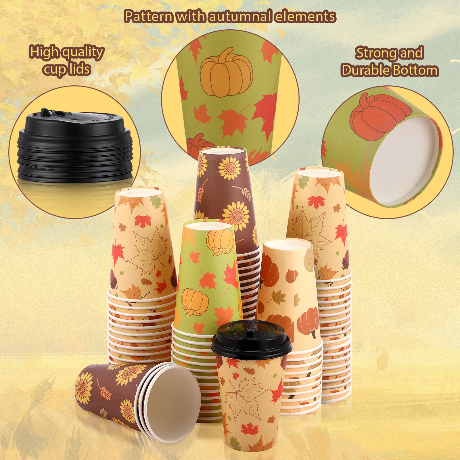 Zopeal 100 tazze da caffè usa e getta con coperchio, 350 ml, in carta, 4 motivi autunnali, graziose tazze per tè caldo, bevande, acqua, succo, cena, cena, matrimoni, eventi, decorazioni per feste del