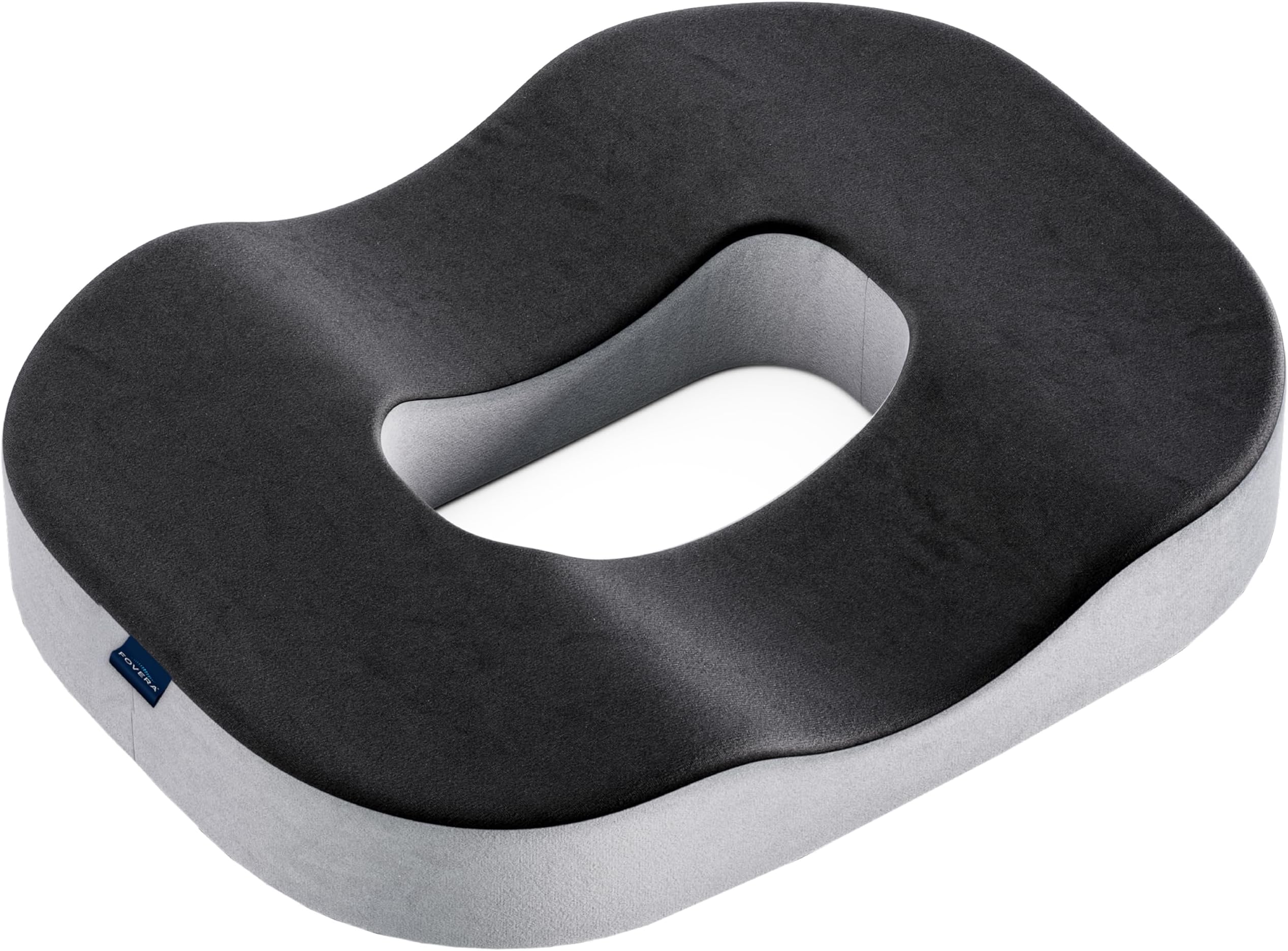FOVERA Donut Pillow for Piles & Tailbone Pain | 2-Years Warranty | Orthopedic Memory Foam Donut Ring Seat Cushion for Office Chair & Car | Hemorrhoid, Coccyx, Post-Natal Relief (Black & Grey)