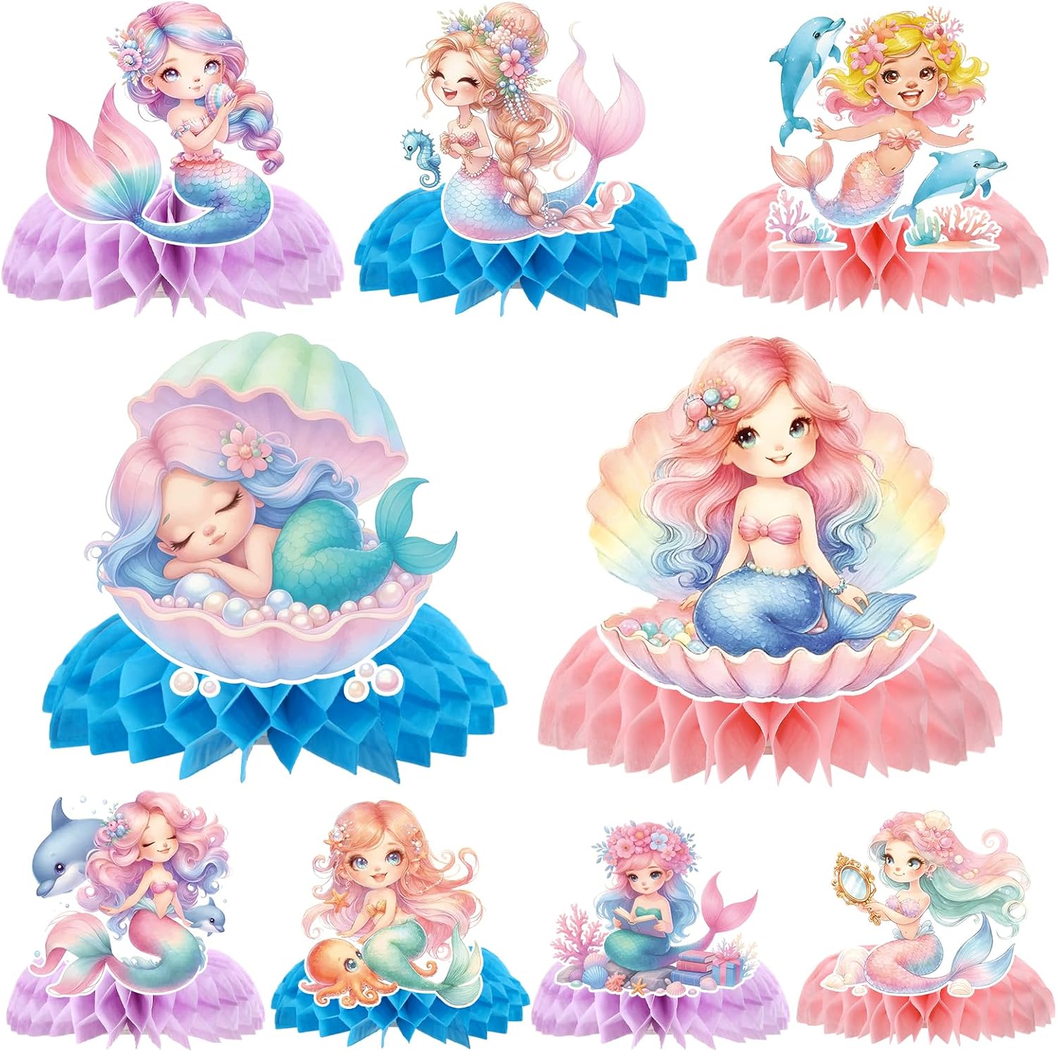Mermaid Birthday Party Decorations - 9 Pcs Under the Sea Party Honeycomb Centerpieces Decorations, Ocean Beach Theme Party Decor Supplies for Girls Birthday Baby Shower