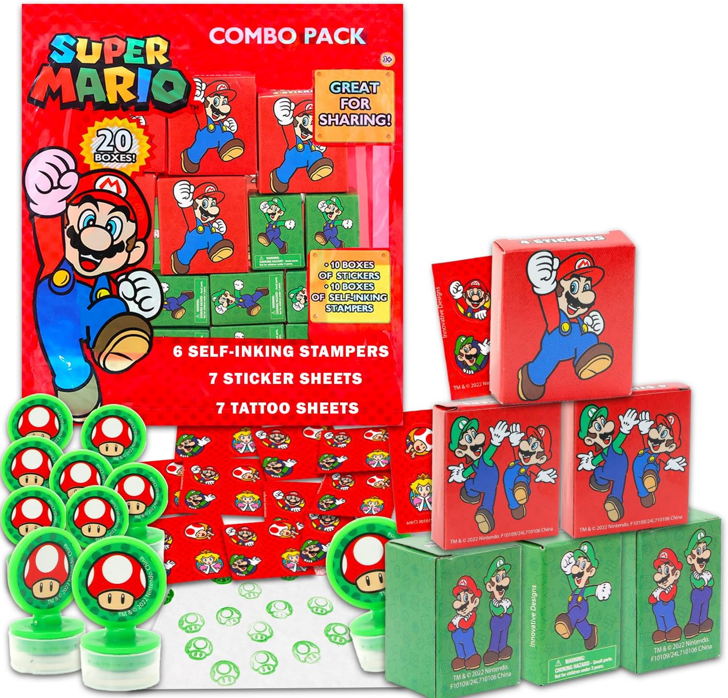 Super Mario Classroom Gift Exchange Set - Bundle with 20 Boxes, Stickers, Stampers for Party | Super Mario Goodie Bags