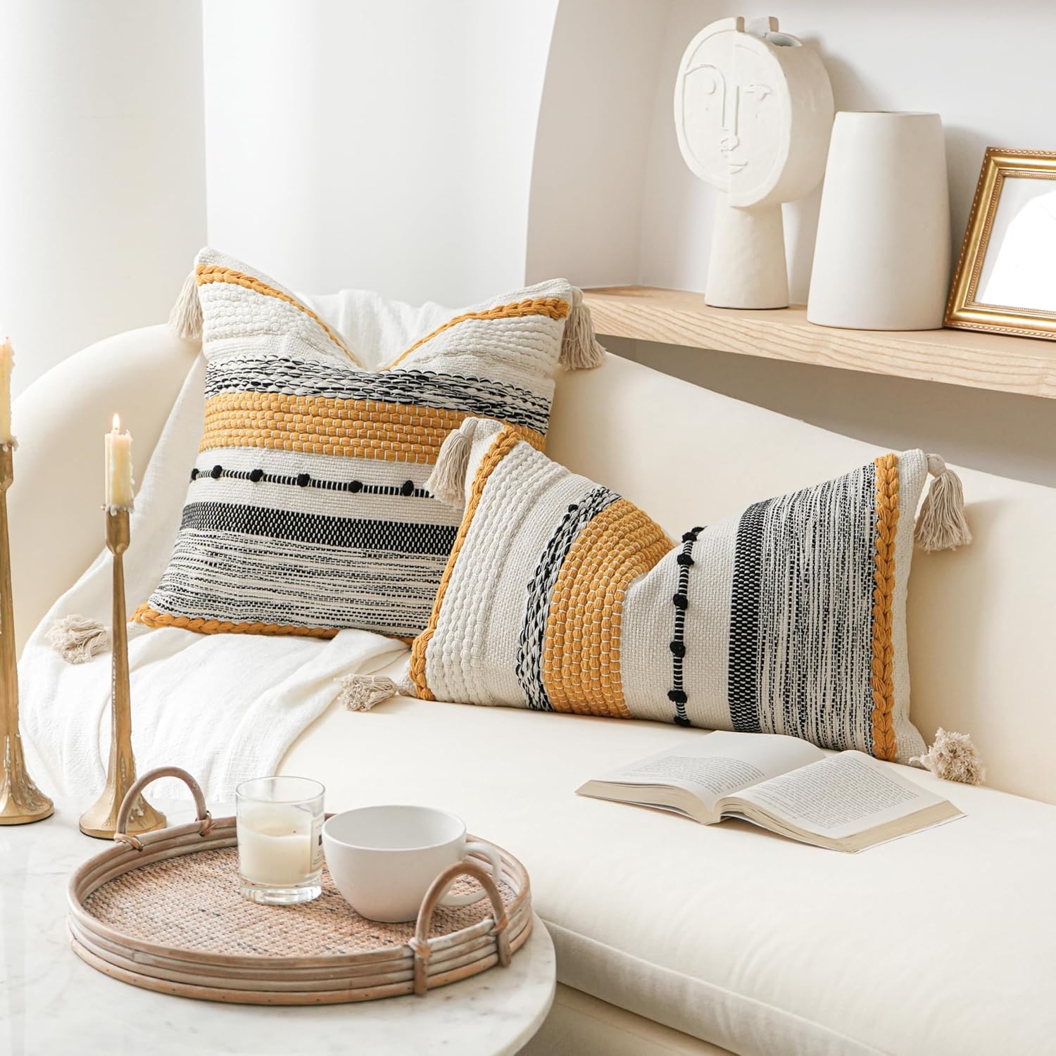 BlissBlush Boho Decorative Throw Pillow Cover 22x22 Square Yellow Mustard Accent Pillowcase Tassels Farmhouse Cushion for Couch Sofa Bedroom Living Room Home Décor Cover ONLY (Pack of 1) - Image 5