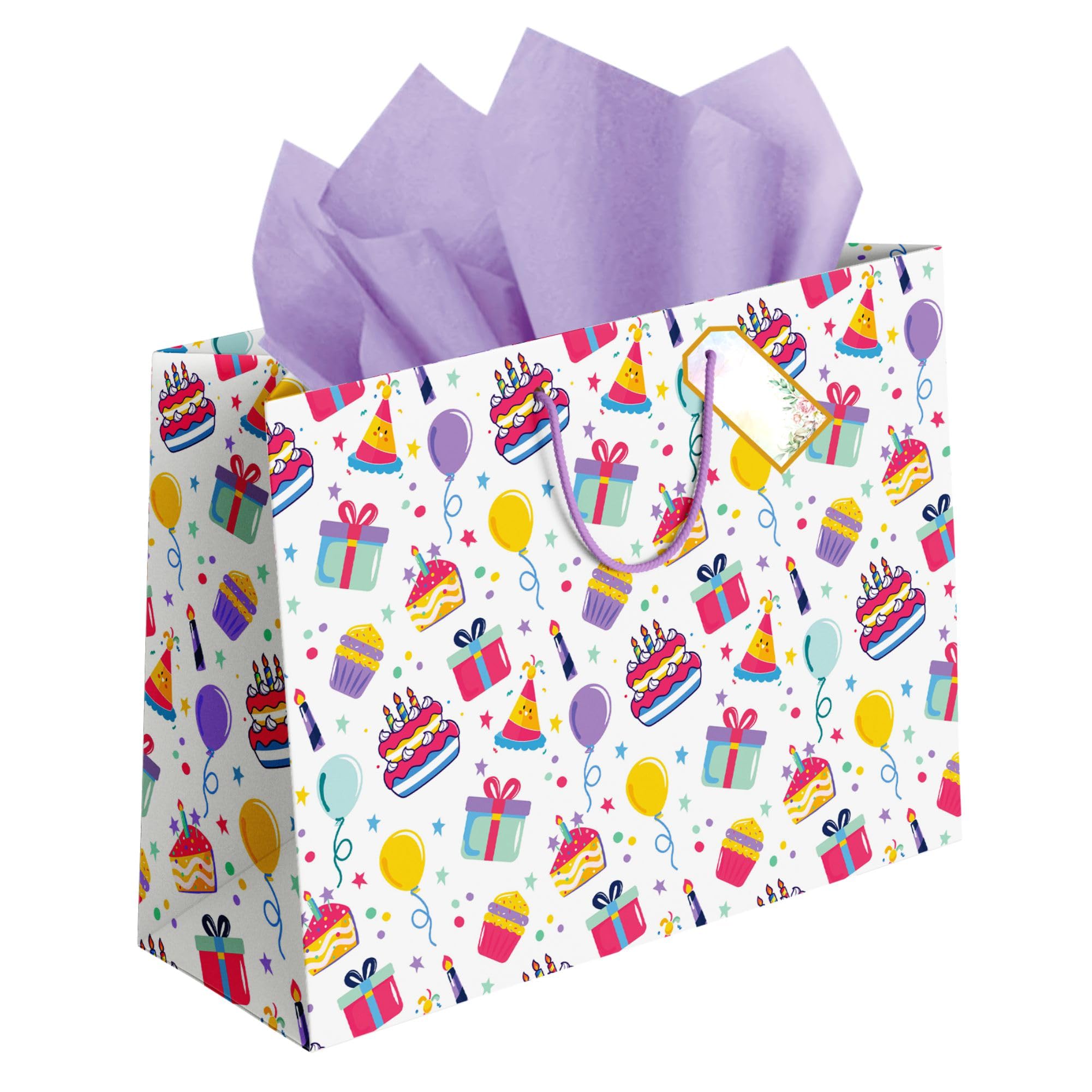 Birthday Gift Bags Large - Paper Bags for Return Gifts – Pack of 5 | Large Carry Bags for Gifts | Return Gift Bags for Kids Birthday Party | Paper Bags for Gifting | 14 × 10.5 × 4 Inch | Bag with Tissue, Tag & Banner
