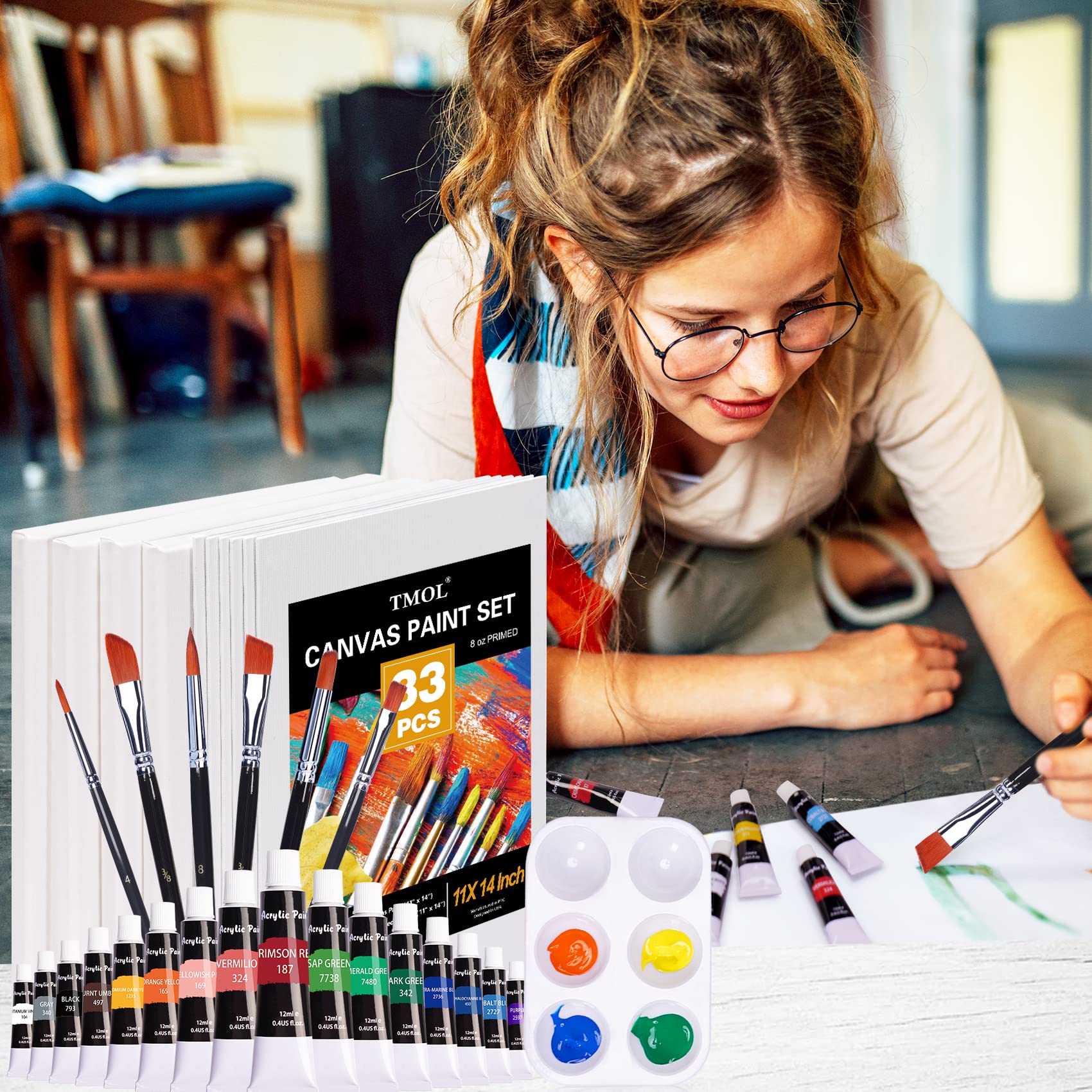 Buy 33 Piece Canvas Painting Kit, Acrylic Paint Set, Includes 4