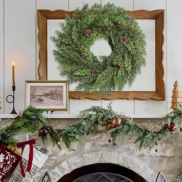 24 Inch Christmas Wreath - Real Touch Cedar & Artificial Green Pine for Front Door, Windows, Indoor & Outdoor Holiday Xmas Decoration (24in)
