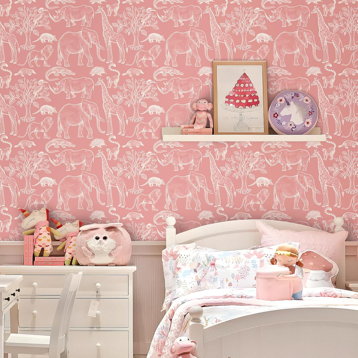 Livelynine 17.5x276 Cute Pink Peel and Stick Wallpaper Giraffe Bird Tree Elephant Animal Wall Paper Mural Girly Pink Contact Paper Self Adhesive Kids Bedroom Girls Room Nursery Wildlife Landscape