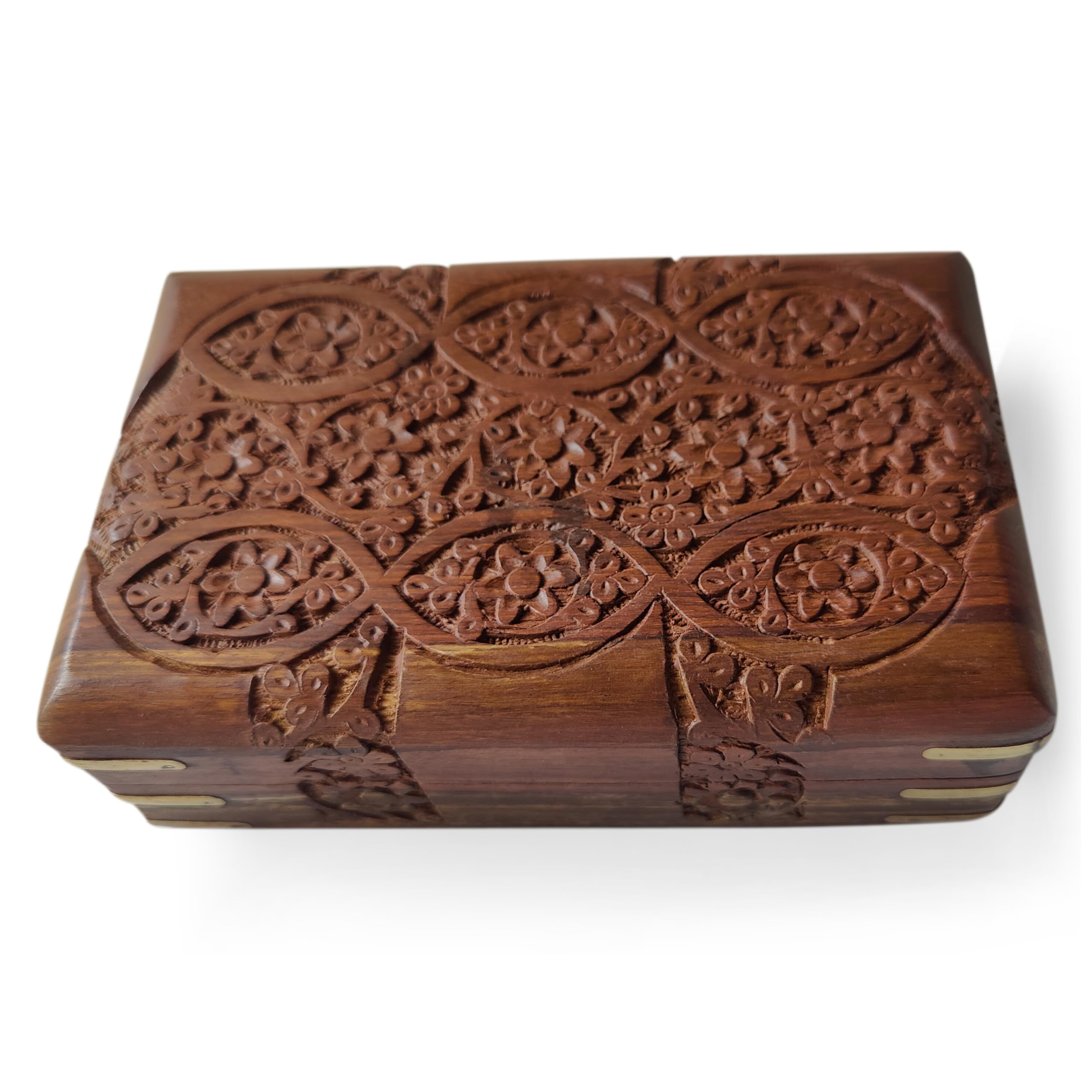 GURU JEE Ręcznie rzeźbione drewniane dekoracyjne rzeźby kwiatowe uniwersalny organizer do przechowywania pamiątka pudełko na biżuterię 20 x 12,5 x 6,5 cm