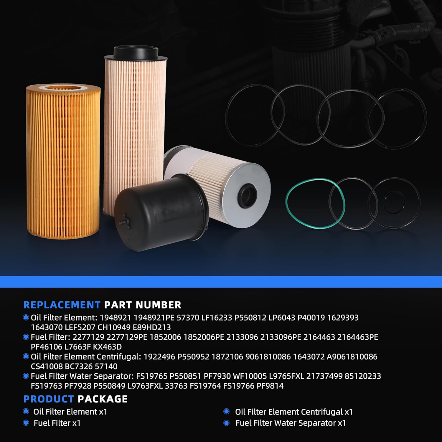 1948921 1922496 FS19765 2277129 Filter Kit Fit for Paccar MX-13 MX13 Engine, Oil Filter, Fuel Water Separator Filter, Fuel Filter Water Separator, Filter Maintenance Service Kit 4PCS