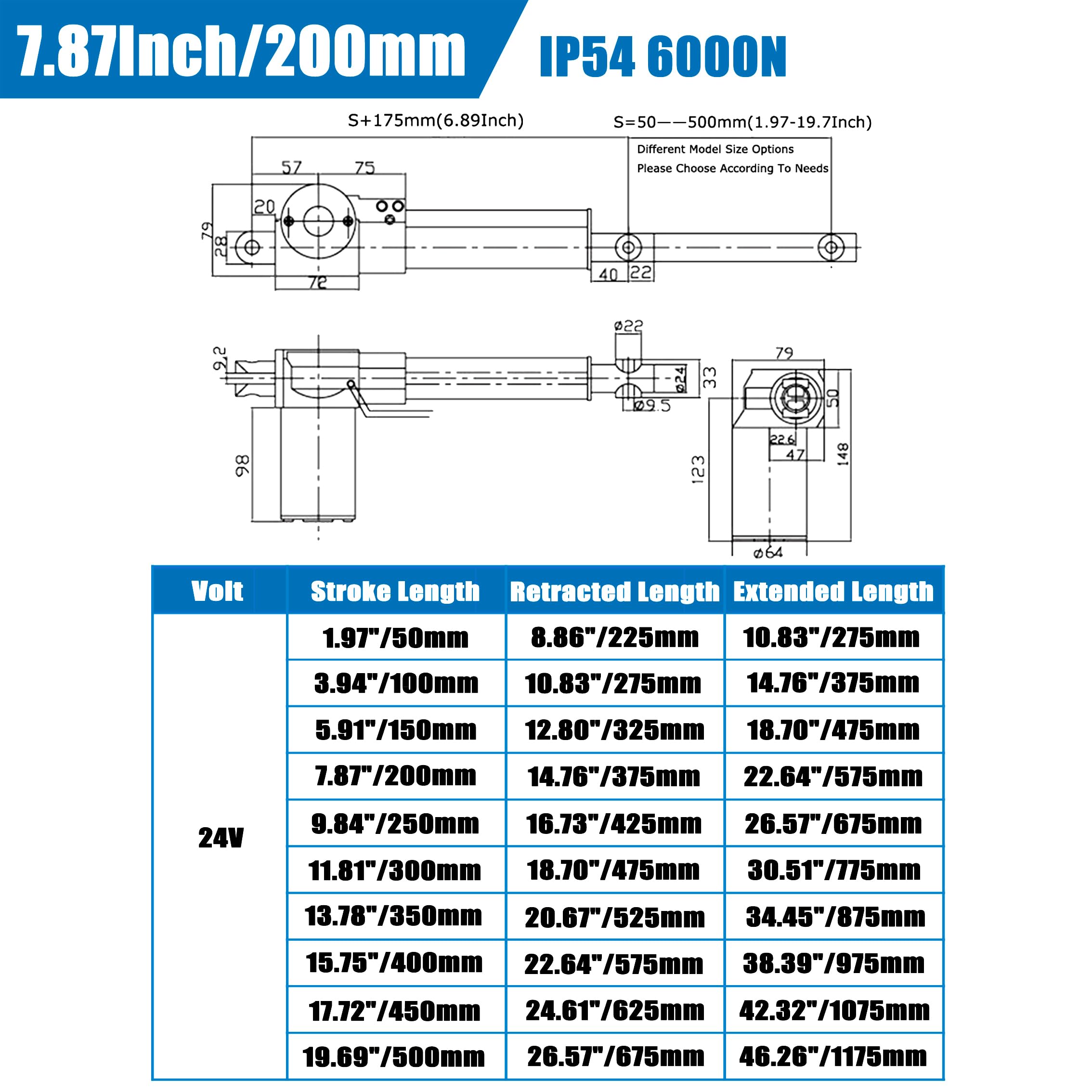 WYDDDARY 24V DC Electric Linear Actuator with Mounting Bracket 6000N/1320LB Heavy Duty Actuators Controller Stroke 7.87inch (200mm) Small Push-Rod Motor for Massage Bed TV Table Lift