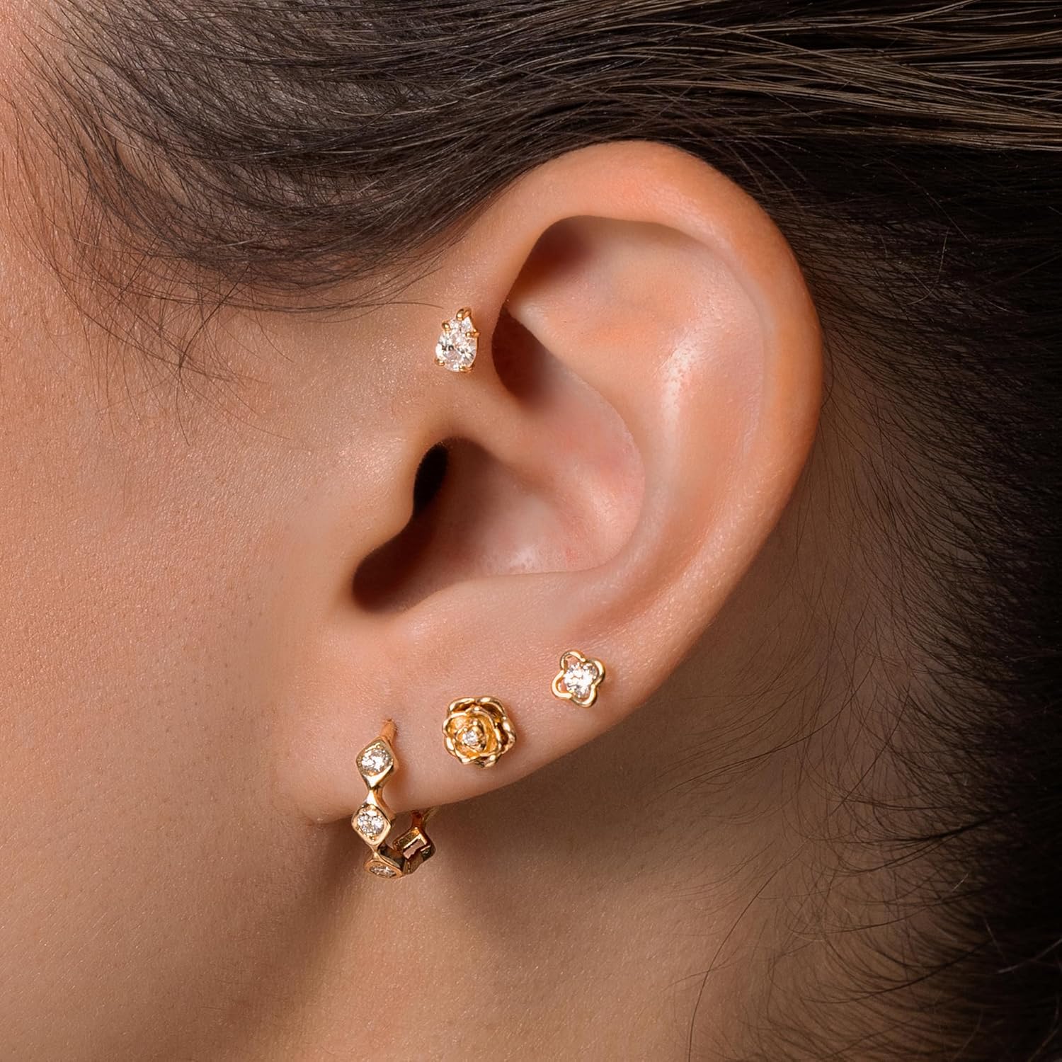 ANYGOLDS 14k Real Solid Gold Teardrop Style Diamond Piercing Jewelry - Elegant Cartilage Helix Tragus Rook Design - Post Stud Earring for Women - Body Jewelry - Externally Threaded Closure - 18 Gauge