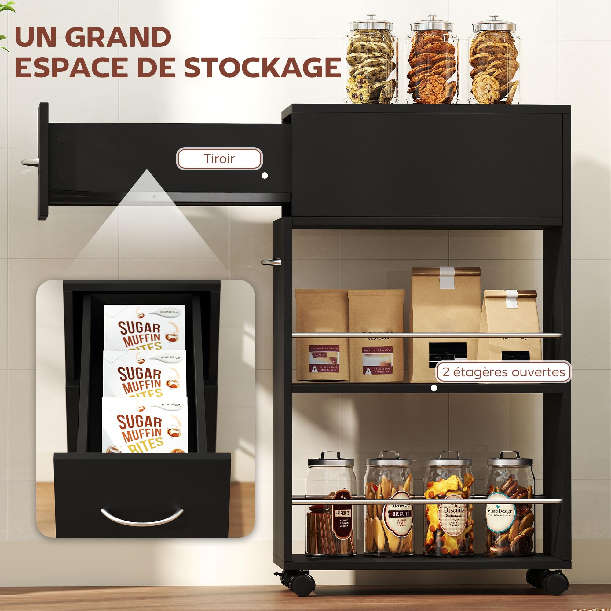 HOMCOM Chariot de Cuisine Desserte sur roulettes 25 x 50 x 85 cm Noir | 1 Tiroir, 2 Étagères Ouvertes, pour Salle à Manger, Salon, Salle de Bain, en Bois