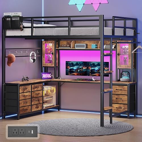 busyaeh Full Loft Bed with L-Shaped Gaming Desk,11 Storage Drawers & Hutch | Loft Bed Full Size with RGB Lights and Charging Station,loft bed with Desk Space Saving for Teens, Vintage Brown