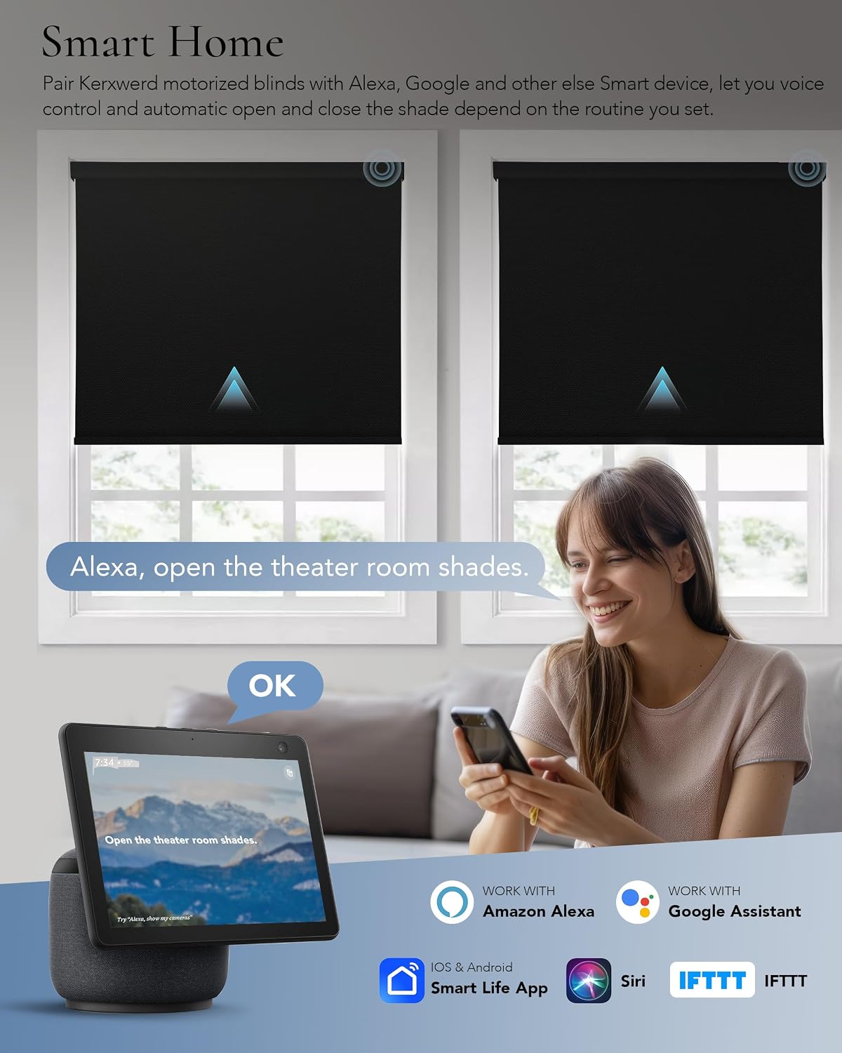 Motorized Blinds Compatible with Alexa Google 100% Blackout Smart Blind Automatic Window Roller Shades Remote Control Custom Size Farbic Black