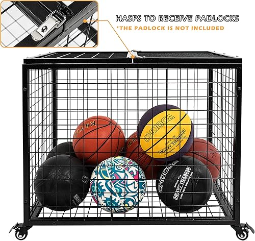 Miniatura 4 de rehomerance Carrito de pelotas organizador de equipo deportivo con tapa bloqueable, contenedor de almacenamiento de baloncesto para interiores y
